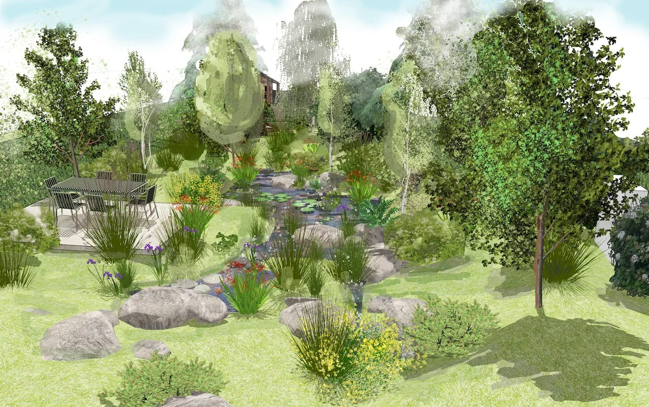 View from the deck, a stream emerges from boulders and flows into a wildlife pond with a deck alongside for dining.  Naturalistic planting creates a relaxed atmosphere.