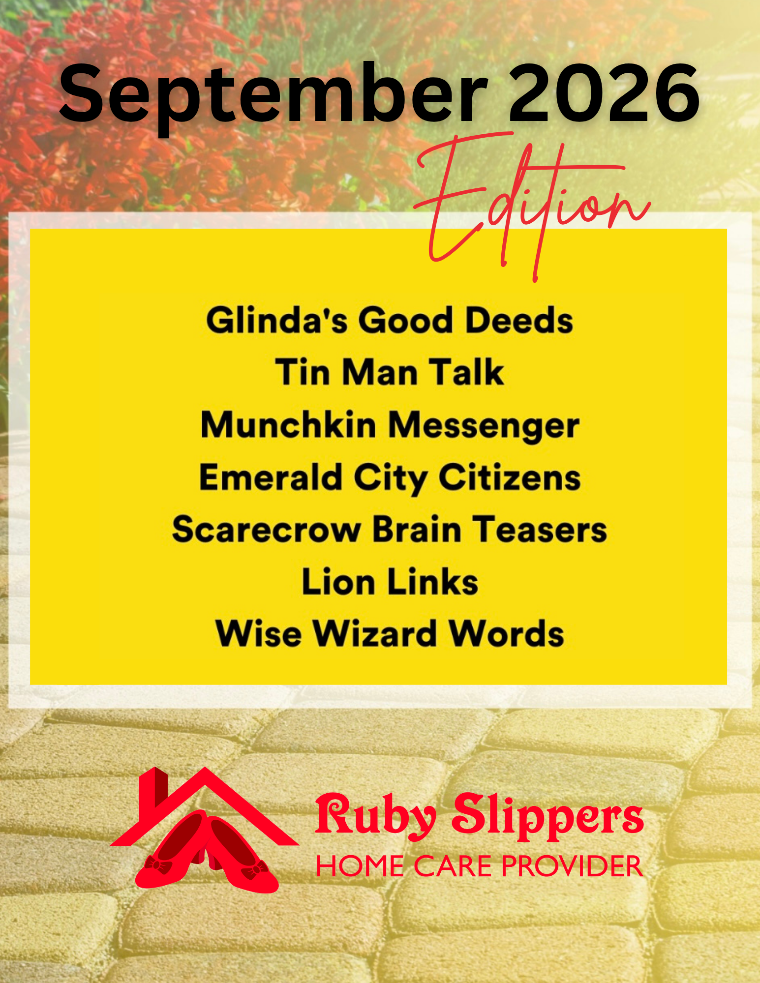 Book cover titled 'The Yellow Brick Road' with a yellow text box listing titles of stories or chapters, set against a background of a brick pathway and garden plants.