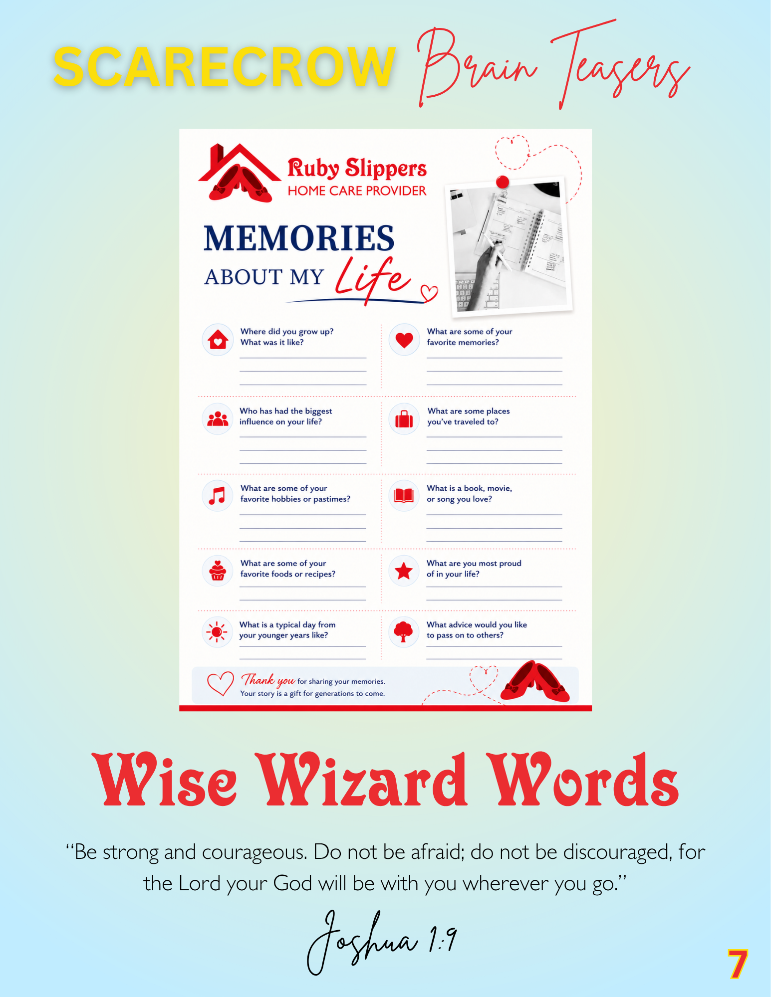 A June crossword puzzle titled 'Ruby Slippers Home Care' with words related to home care like 'care,' 'support,' 'trust,' and 'walk.' A quote from Isaiah 26:3 about peace and trust. The design features a blue background, red accents, and yellow and red text.