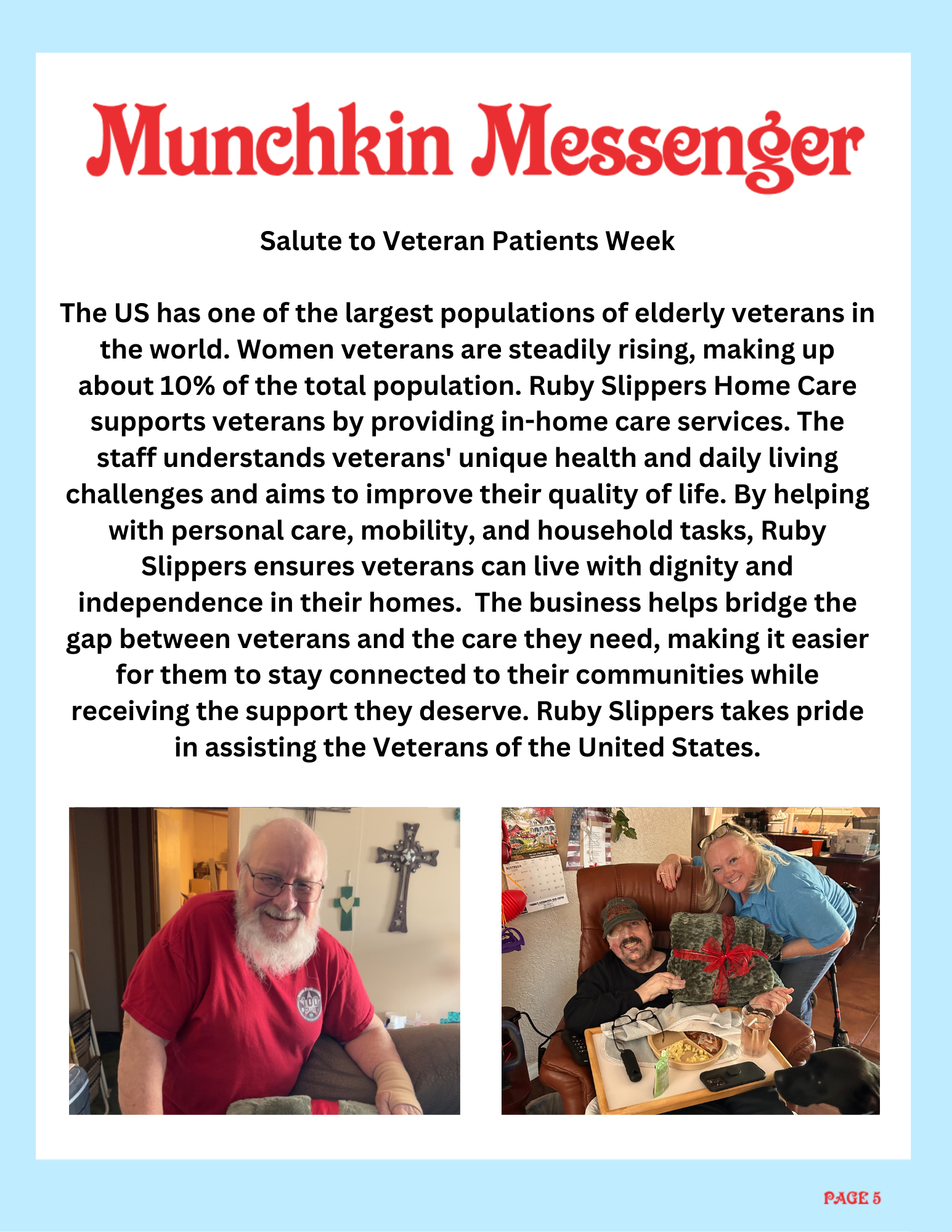 A newsletter page titled 'Munchkin Messenger' with an article about veteran appreciation, displaying two photos of smiling elderly veterans—one man with a white beard in a red shirt, and another man and woman, with the woman leaning on the seated man holding a gift wrapped in green with a red bow, in a cozy indoor setting.
