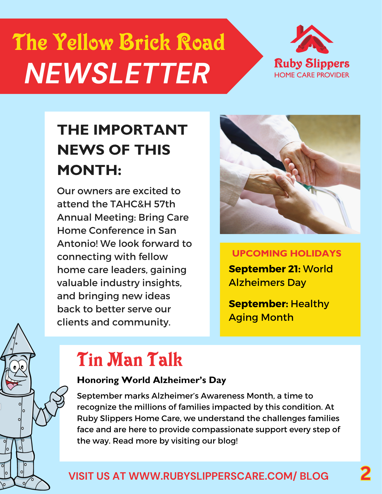 A September calendar featuring images of elderly people and health awareness days, along with lists of birthdays for Ruby clients and caregivers.