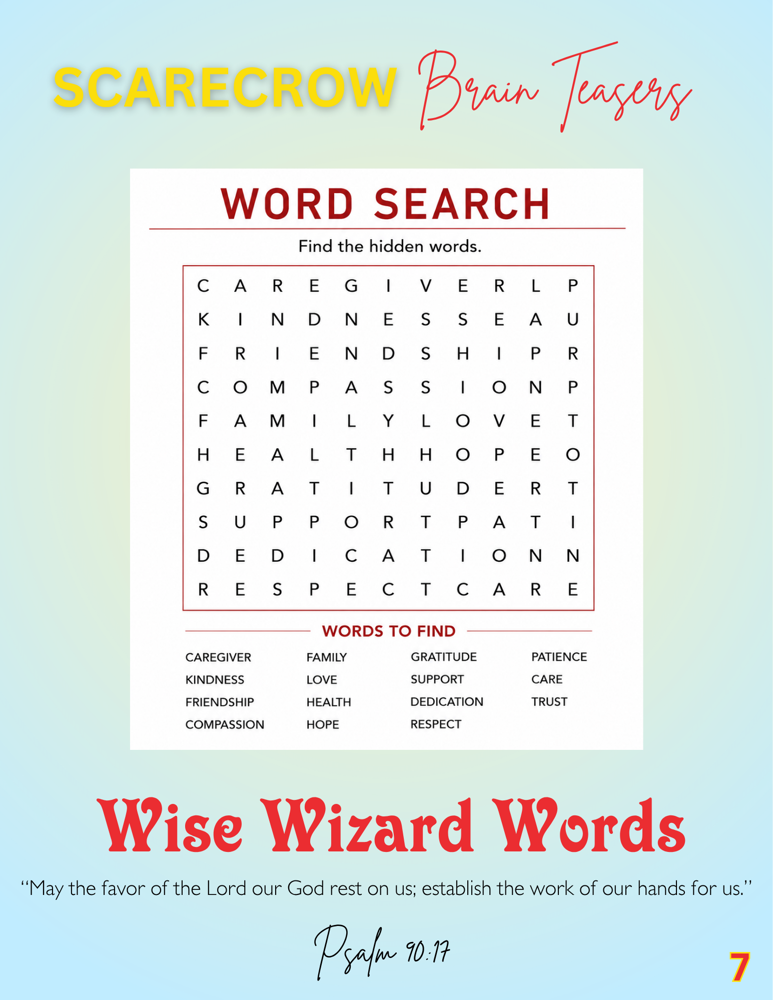 A worksheet titled 'Scarecrow Brain Teasers' with true or false questions about The Wizard of Oz, and a 'Wise Wizard Words' quote from 2 Corinthians 12:9. The page number is 7.