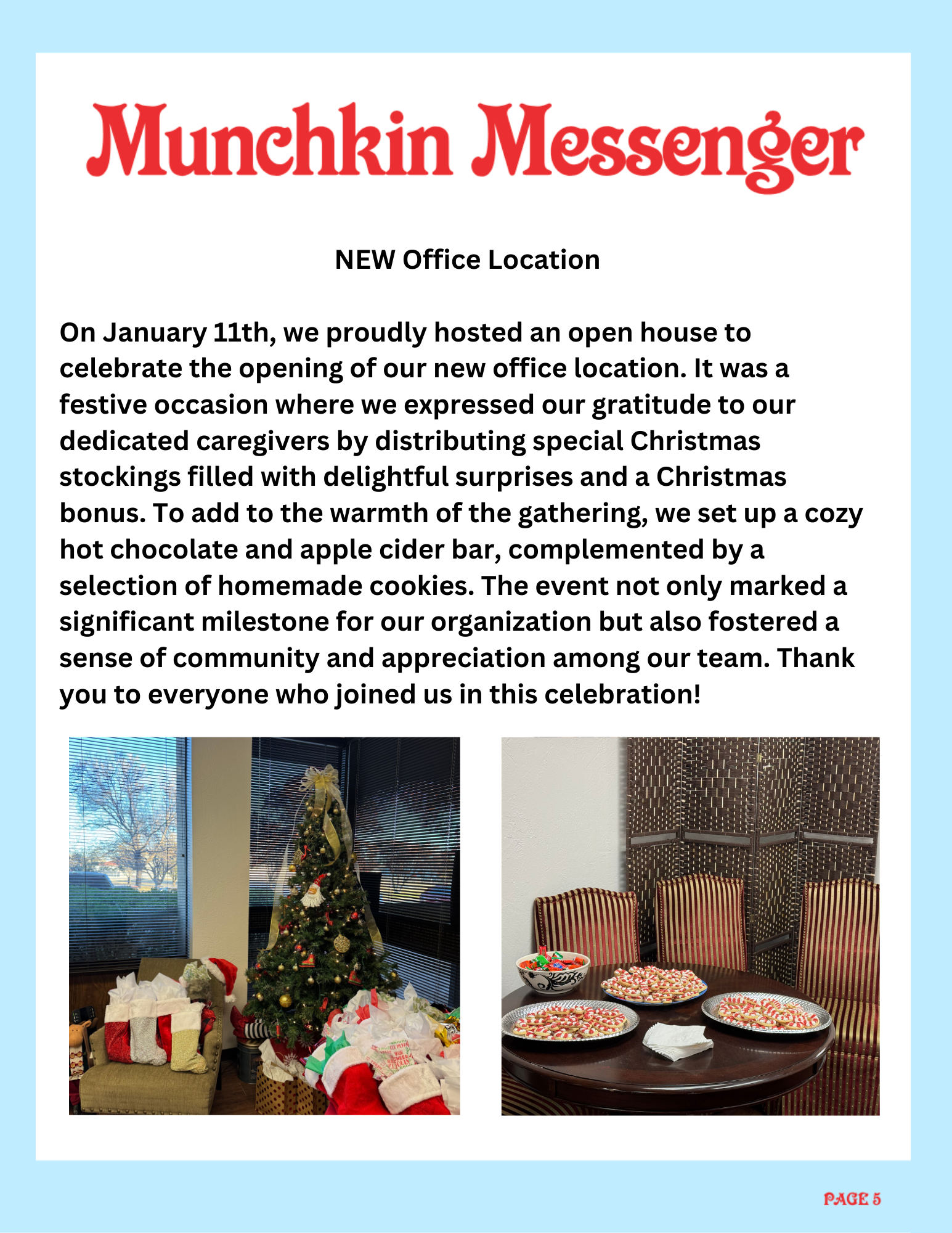 Announcement poster for Munchkin Messenger's new office opening with photos of Christmas decorations, a decorated Christmas tree, stockings, cookies, and a table with candy canes.