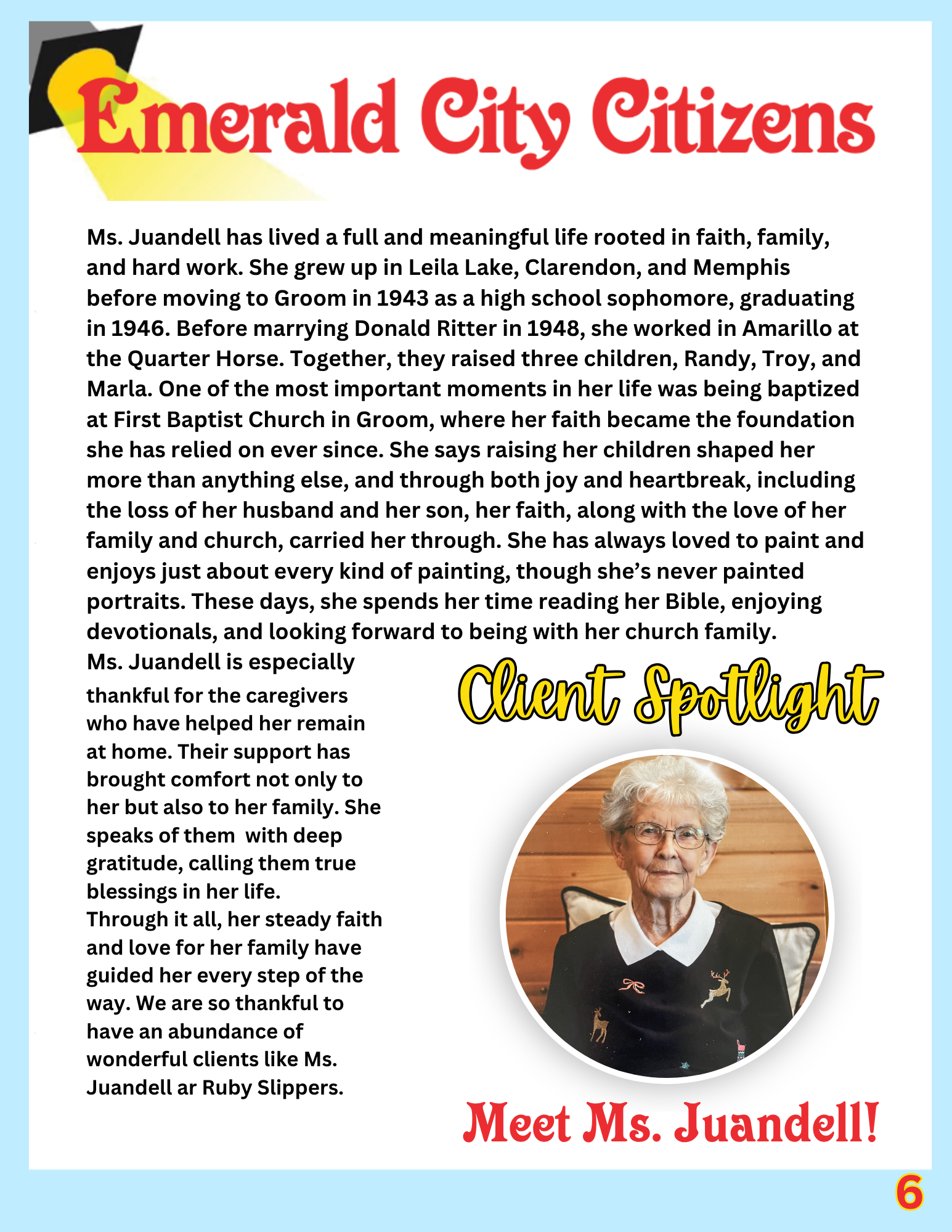 A newsletter highlighting Mr. Bowen, an elderly man in a suit and tie, with a bright smile, featuring his story and a photo of him. The newsletter includes the title 'Emerald City Citizens', section titled 'Client Spotlight', and a message about his life and faith.