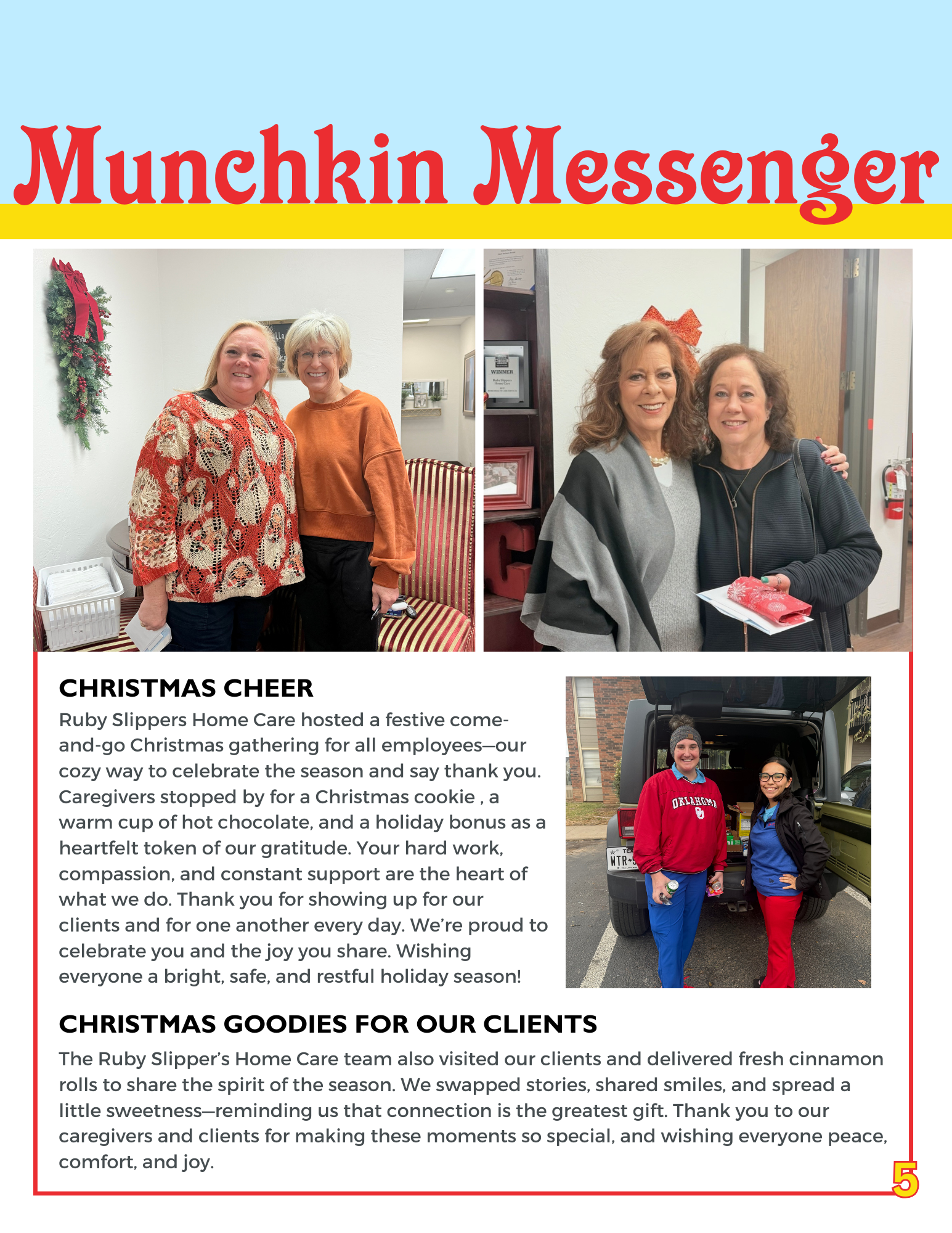 Announcement poster for Munchkin Messenger's new office opening with photos of Christmas decorations, a decorated Christmas tree, stockings, cookies, and a table with candy canes.