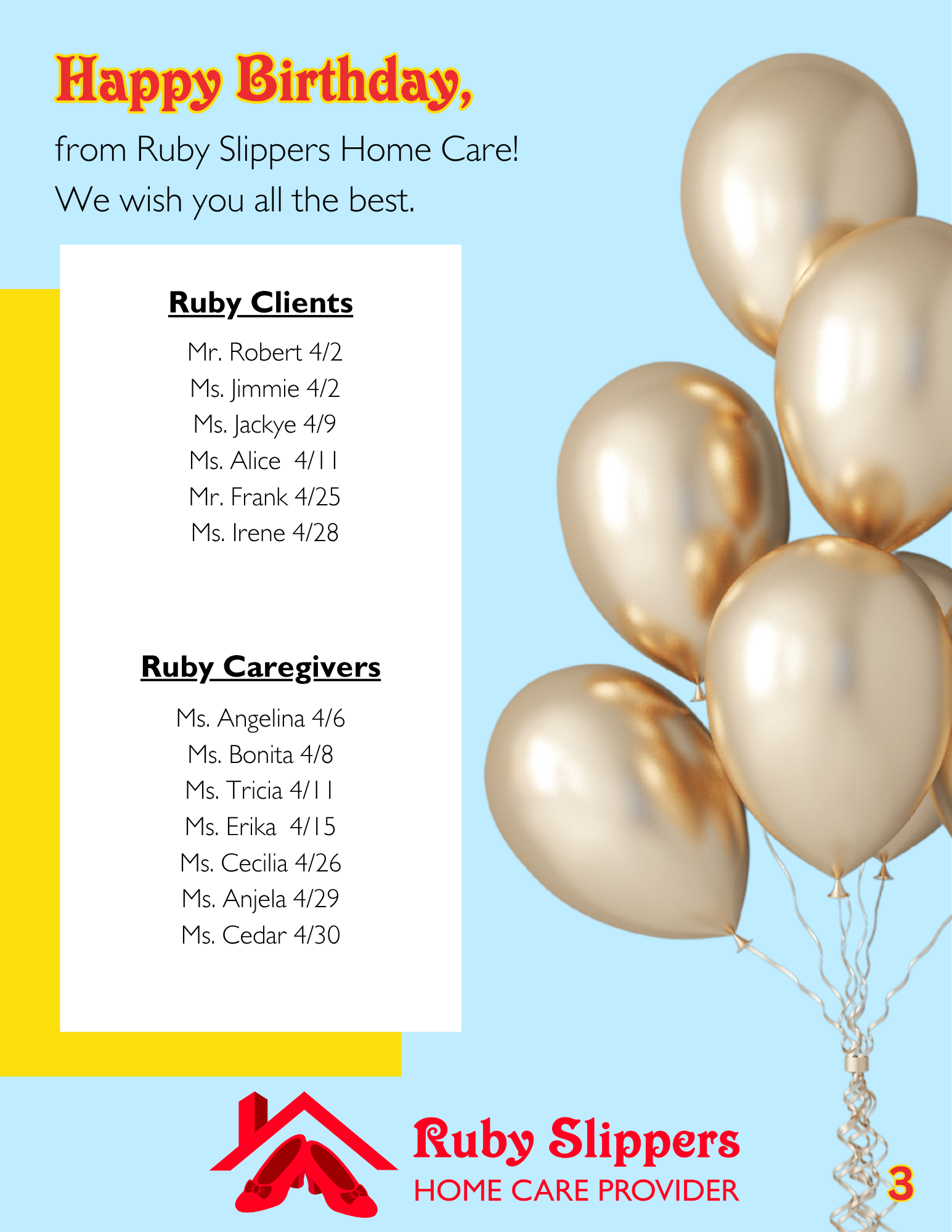 Birthday greeting card from Ruby Slippers Home Care with a light blue background and gold balloons. The card lists Ruby clients and caregivers with their respective dates, and features the company's logo of red slippers and house, along with the text 'Ruby Slippers Home Care Provider' and the number 3.