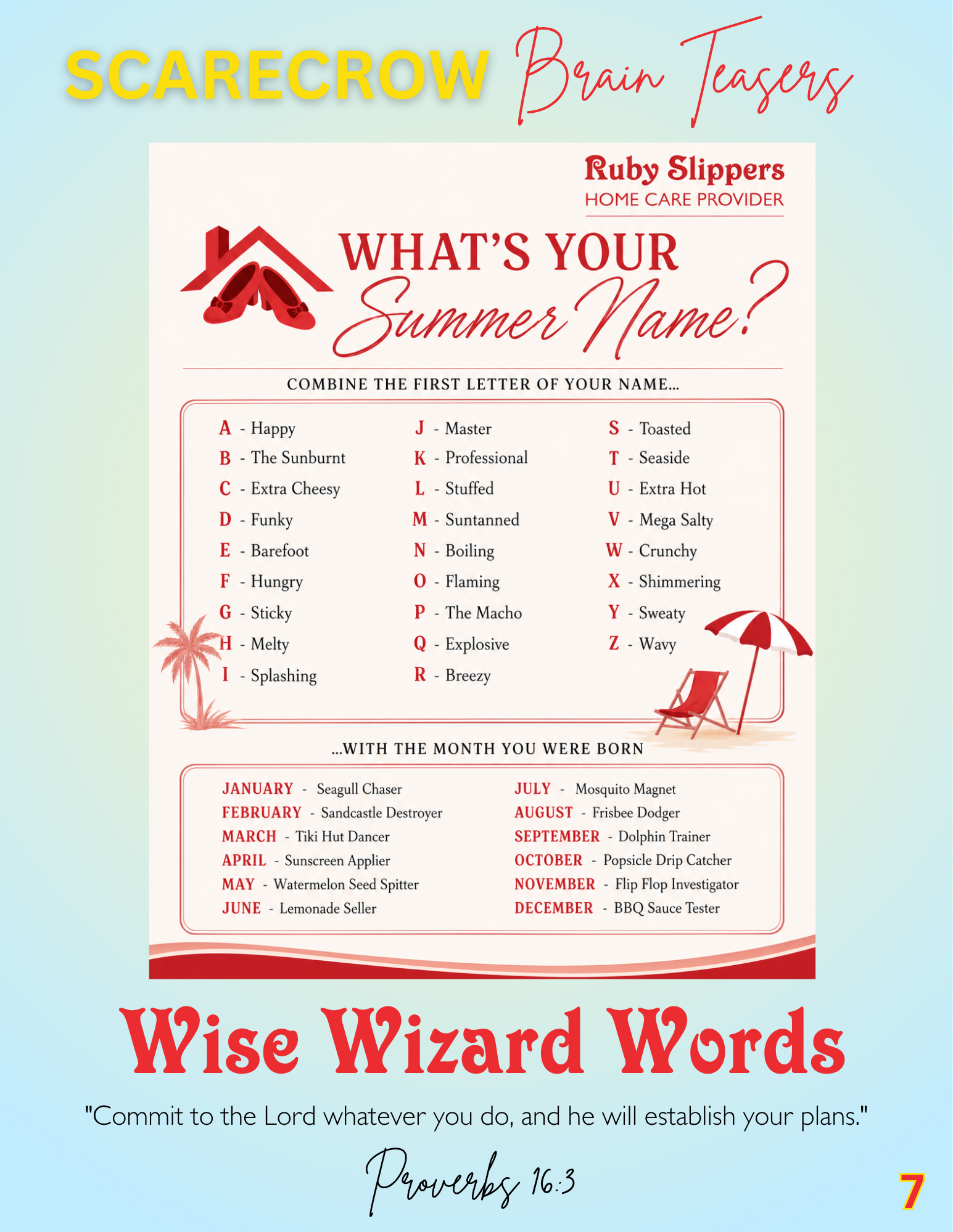 A puzzle worksheet titled 'Scarecrow Brain Teasers' with 12 jumbled words and space for answers, and a section 'Wise Wizard Words' with a biblical quote from Psalms at the bottom.