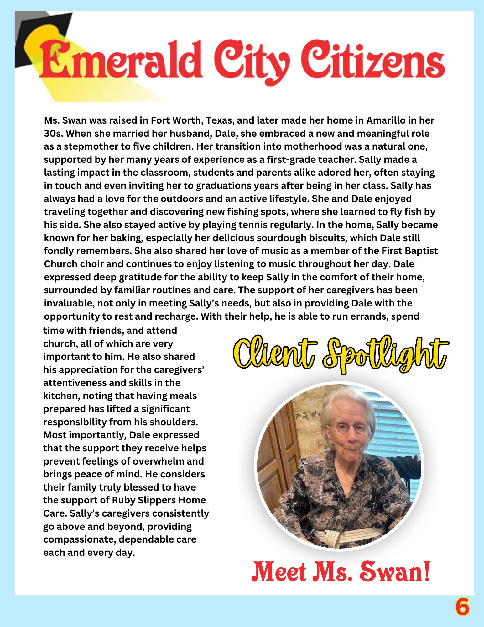 A newsletter featuring Ms. Kramer, called a client spotlight, with a photo of her sitting in a chair. The newsletter discusses her life, adventures, and advice for marriage, with a bright, colorful design and a yellow script that says 'Client Spotlight'.