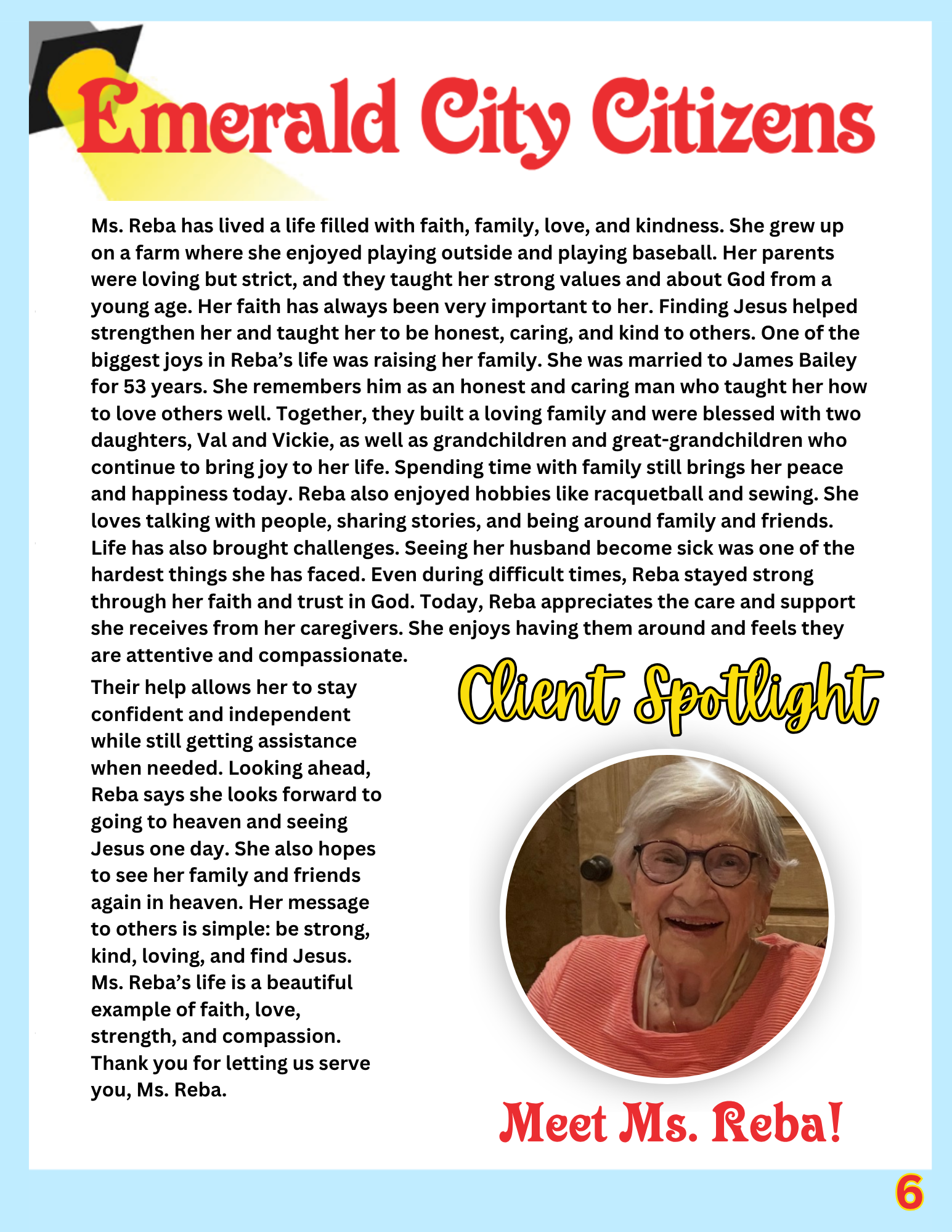 A community newsletter page titled "Emerald City Citizens" celebrating Ms. Esther, featuring a portrait photo of her, with the headline "Client Spotlight" in yellow and black cursive font. The page includes a biography of Ms. Esther, a senior woman with short curly hair, glasses, and a warm smile.