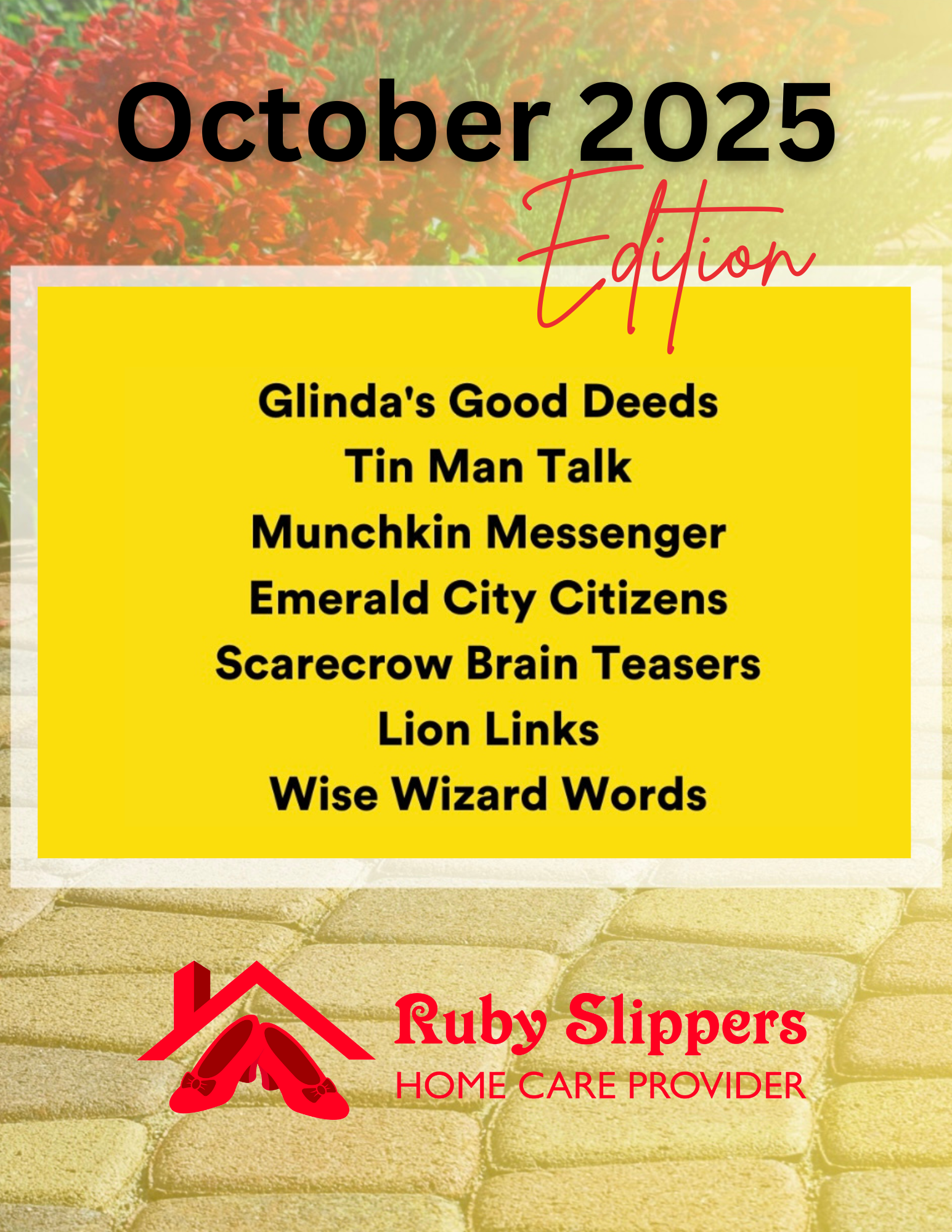 Cover of a book titled 'The Yellow Brick Road' with a background of a yellow brick path, red flowers, and a bright yellow square with black text listing humorous chapter titles.