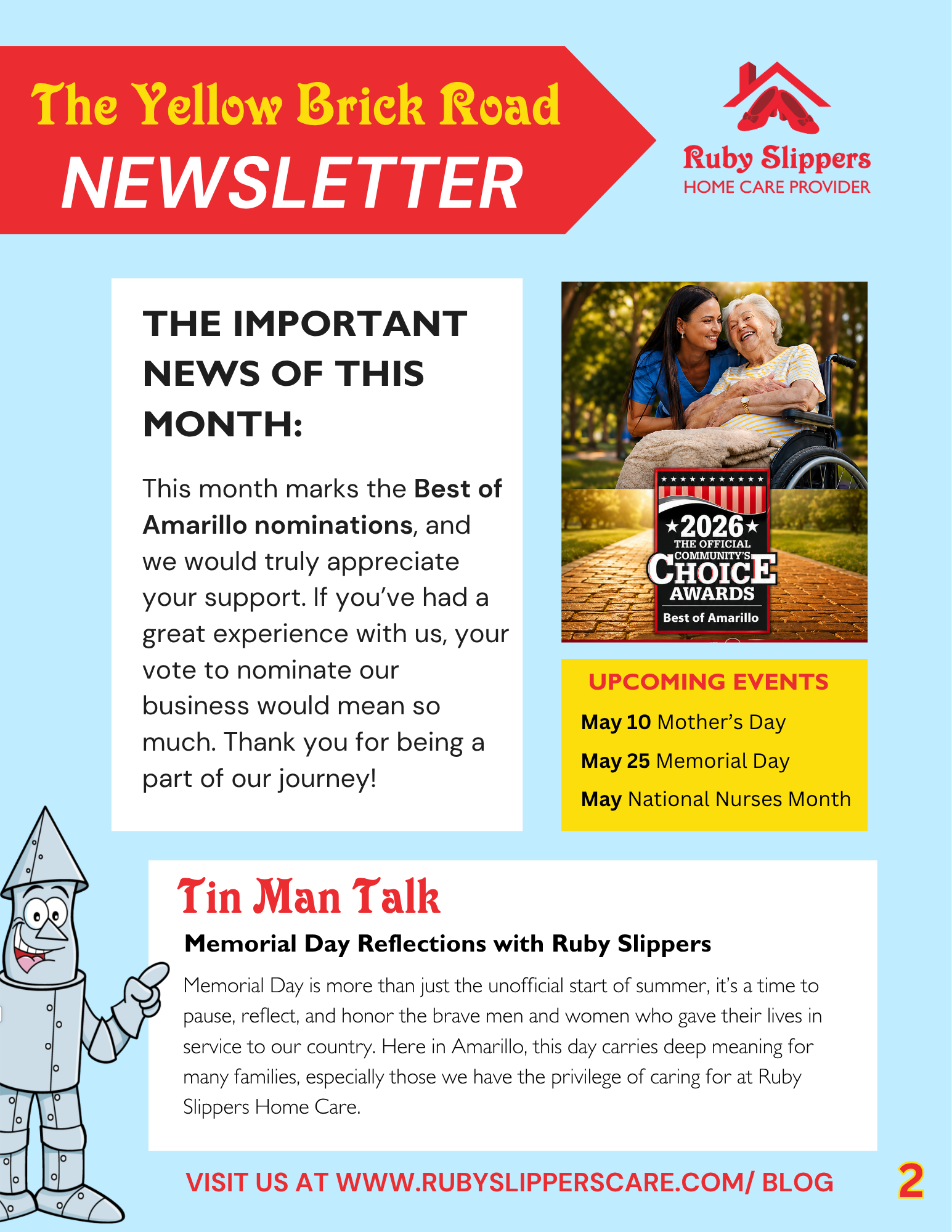 Newsletter from Ruby Slippers Home Care with a heading about their one-year anniversary and Easter celebration, a photo of staff with a cake, upcoming event dates, a topic titled Tin Man Talk, and a cartoon of the Tin Man.