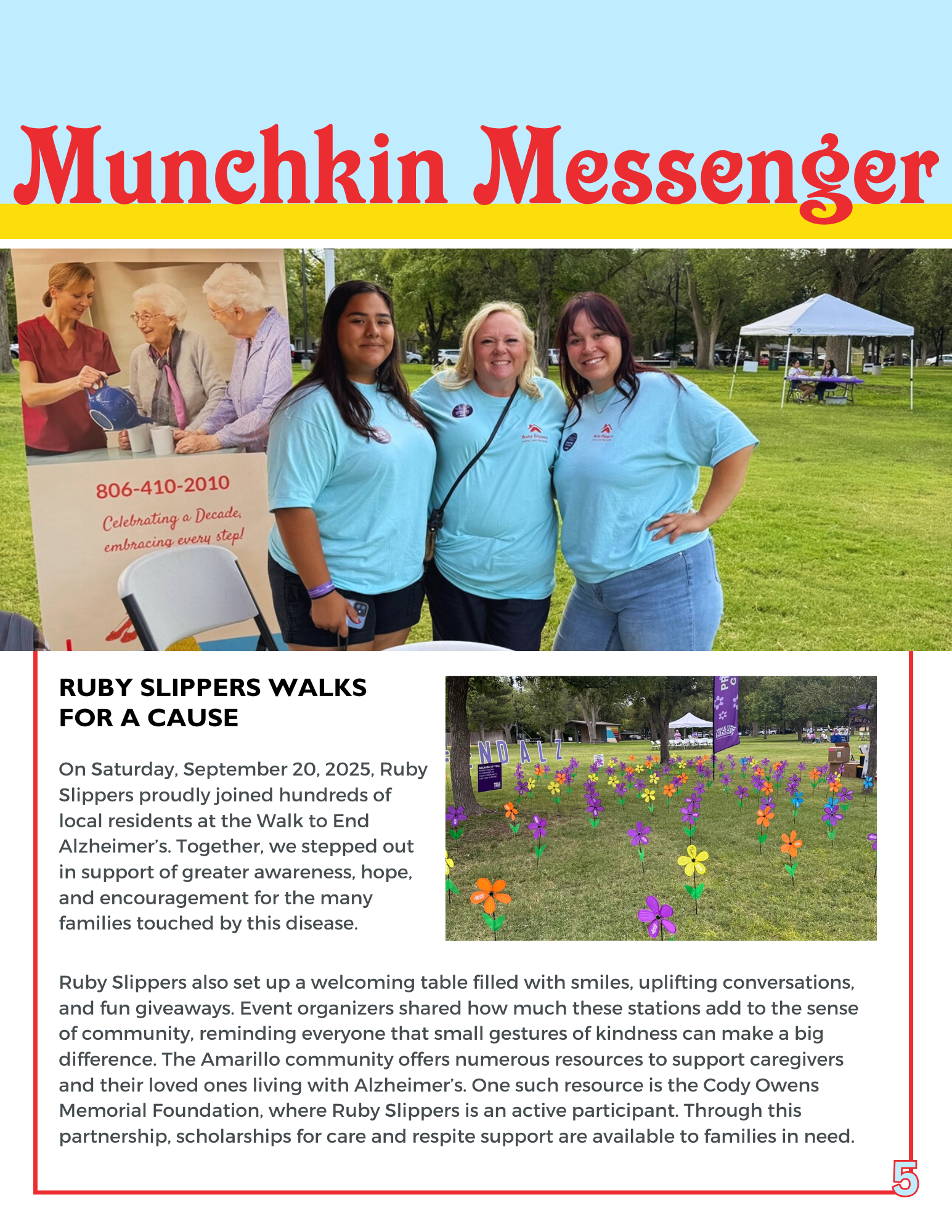 Newsletter page with a red Munchkin Messenger title, a paragraph celebrating caregivers at Ruby Slippers Home Care, and two photos of caregivers with fall wreaths and decorations.