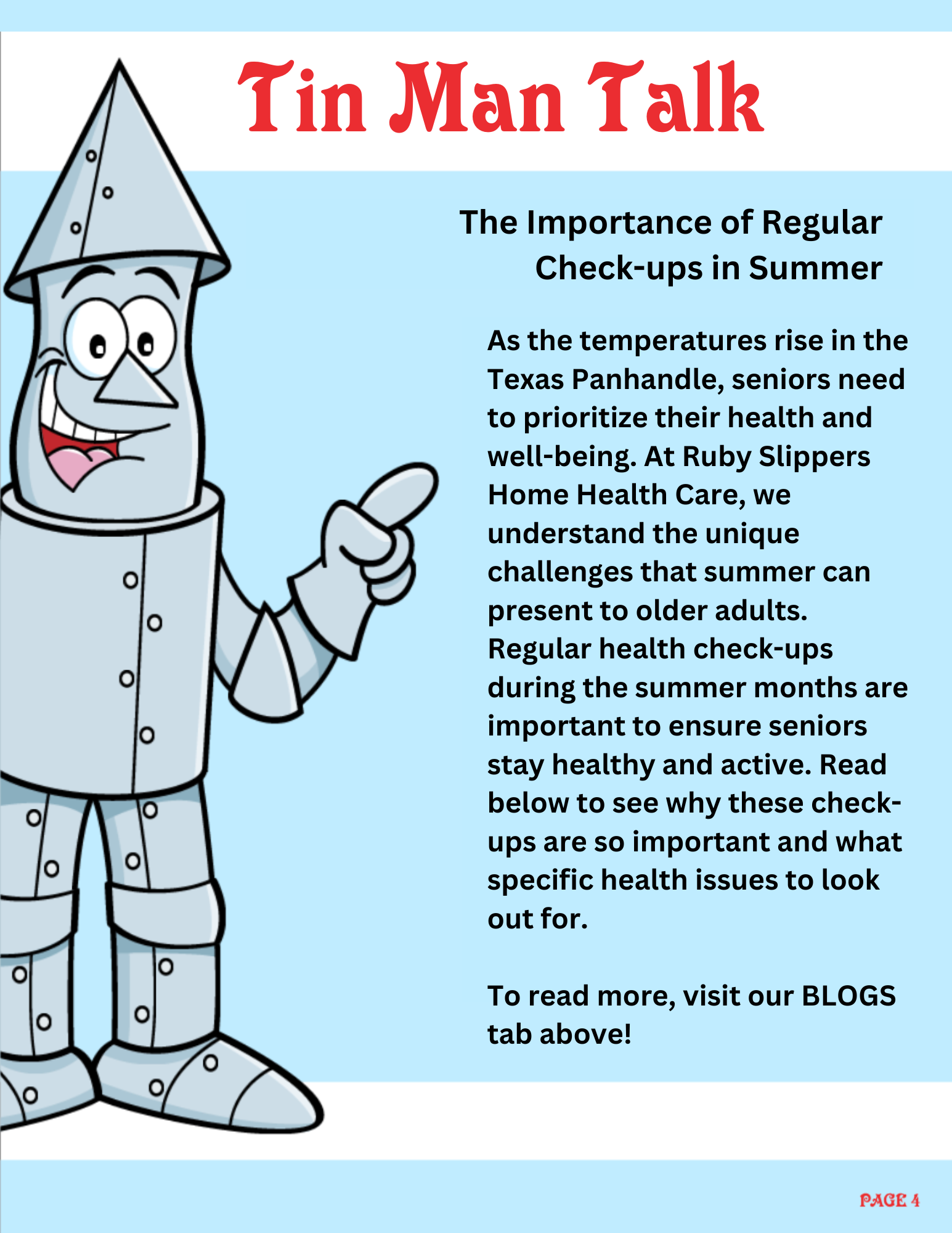 A flyer titled 'Tin Man Talk' discussing the importance of regular summer check-ups for seniors, featuring a cartoon illustration of a tin man in a metallic suit with a pointed hat, smiling and pointing with his finger.