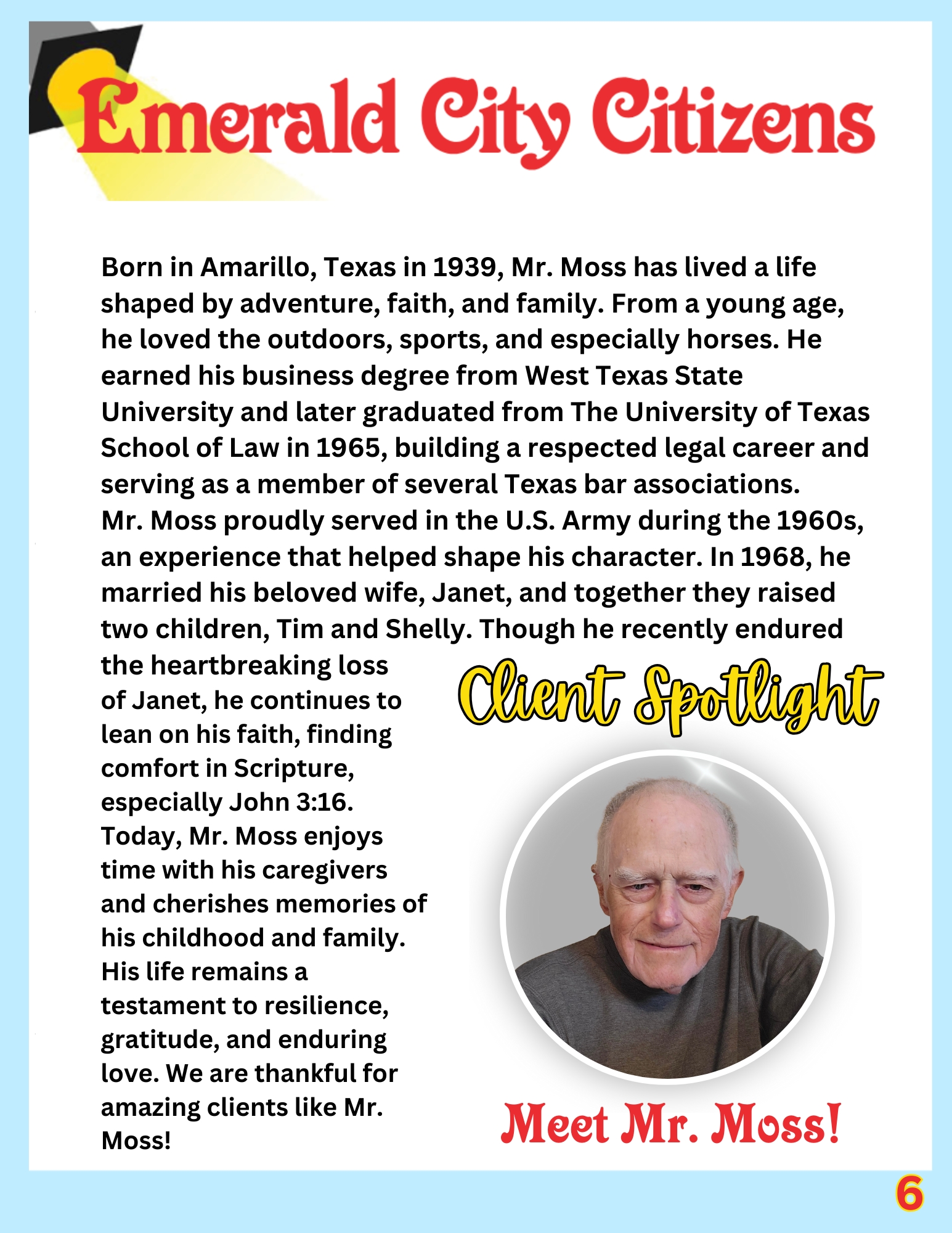 A newsletter page with a colorful header reading 'Emerald City Citizens,' featuring a profile story of Dwayne from Spearman, Texas, and a photo of him wearing a blue plaid shirt, smiling in an armchair.