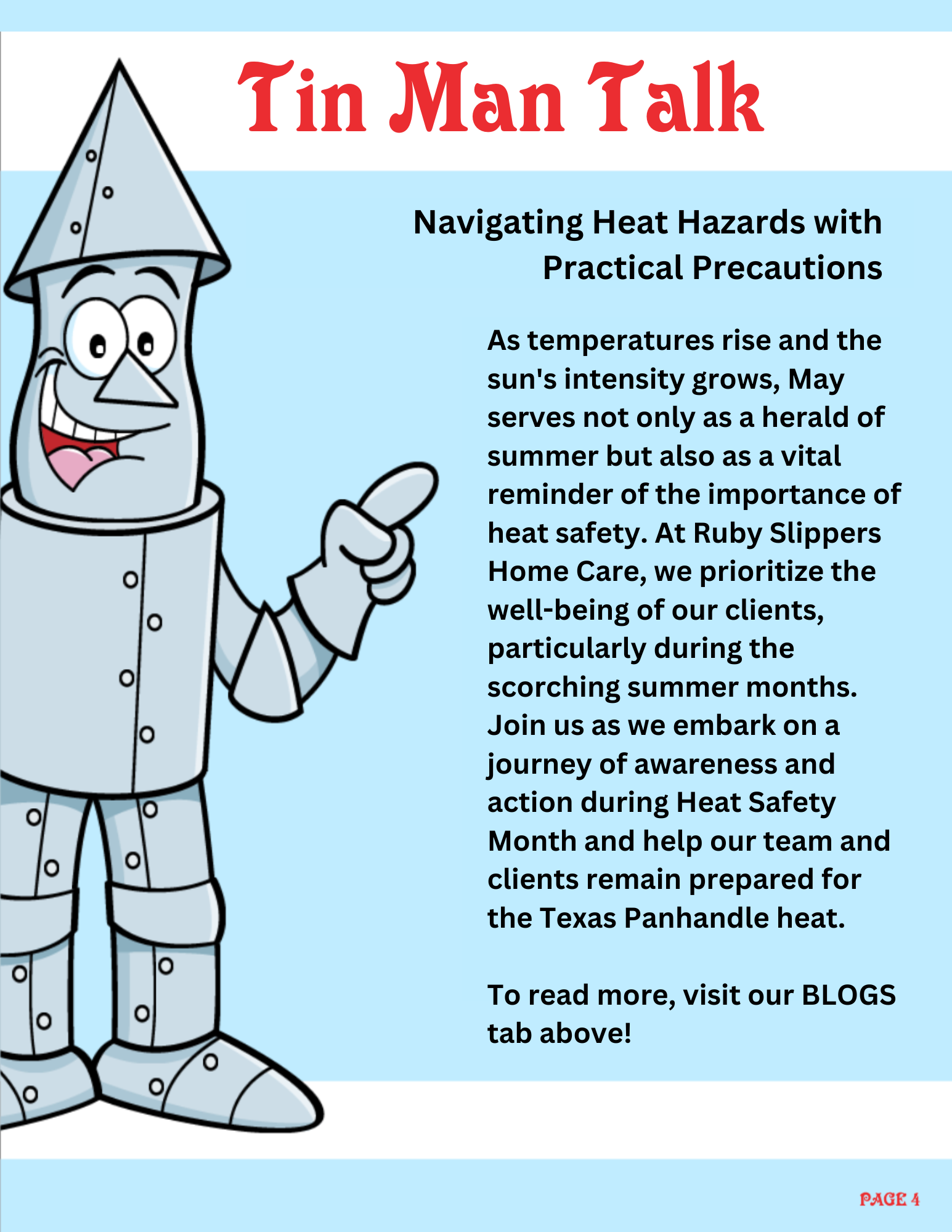 Illustration of a cartoon tin can character with a face, arms, and legs, giving a thumbs-up and pointing to the right, with a blue background and red and black text about heat safety precautions.