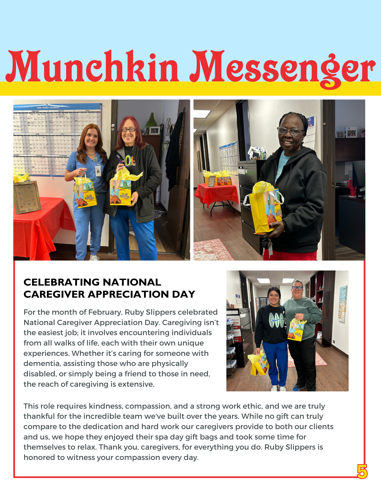 Cover page of Munchkin Messenger magazine featuring happy elderly couple and caregivers at an event, with article about caregiver appreciation and new rewards program.