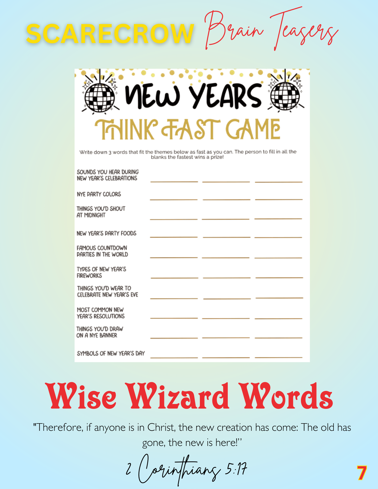 A list of answers to scarecrow brain teasers with multiple choice options and additional information, including notable names and historical references, presented on a light blue background.