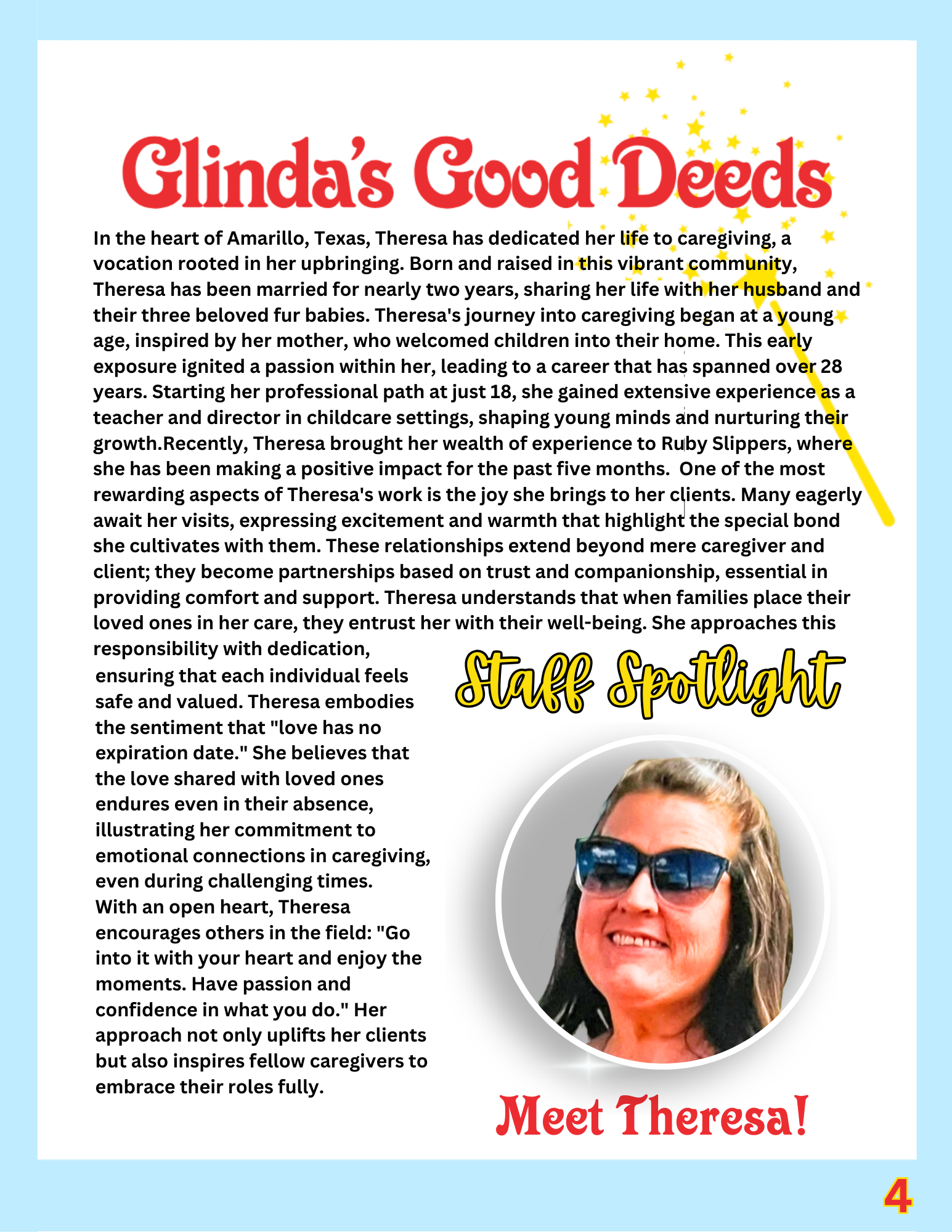 A newsletter featuring Riah, a caregiver at Ruby Slippers Home Care, titled "Glinda's Good Deeds," with a photo of Riah and a staff spotlight section. The page has star graphics and a bright, colorful design.