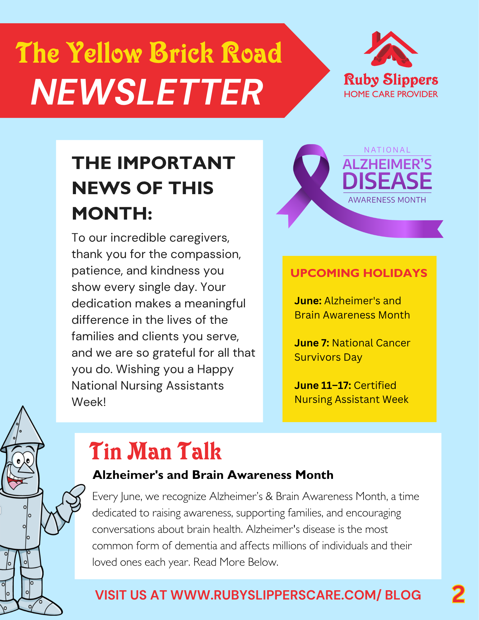 A newsletter from Ruby Slippers Home Care with a red and light blue theme. Features a photo of two women, one in a navy shirt and the other in a pink shirt, smiling and working at a table outdoors. Text highlights community outreach, upcoming events, and Alzheimer’s awareness.