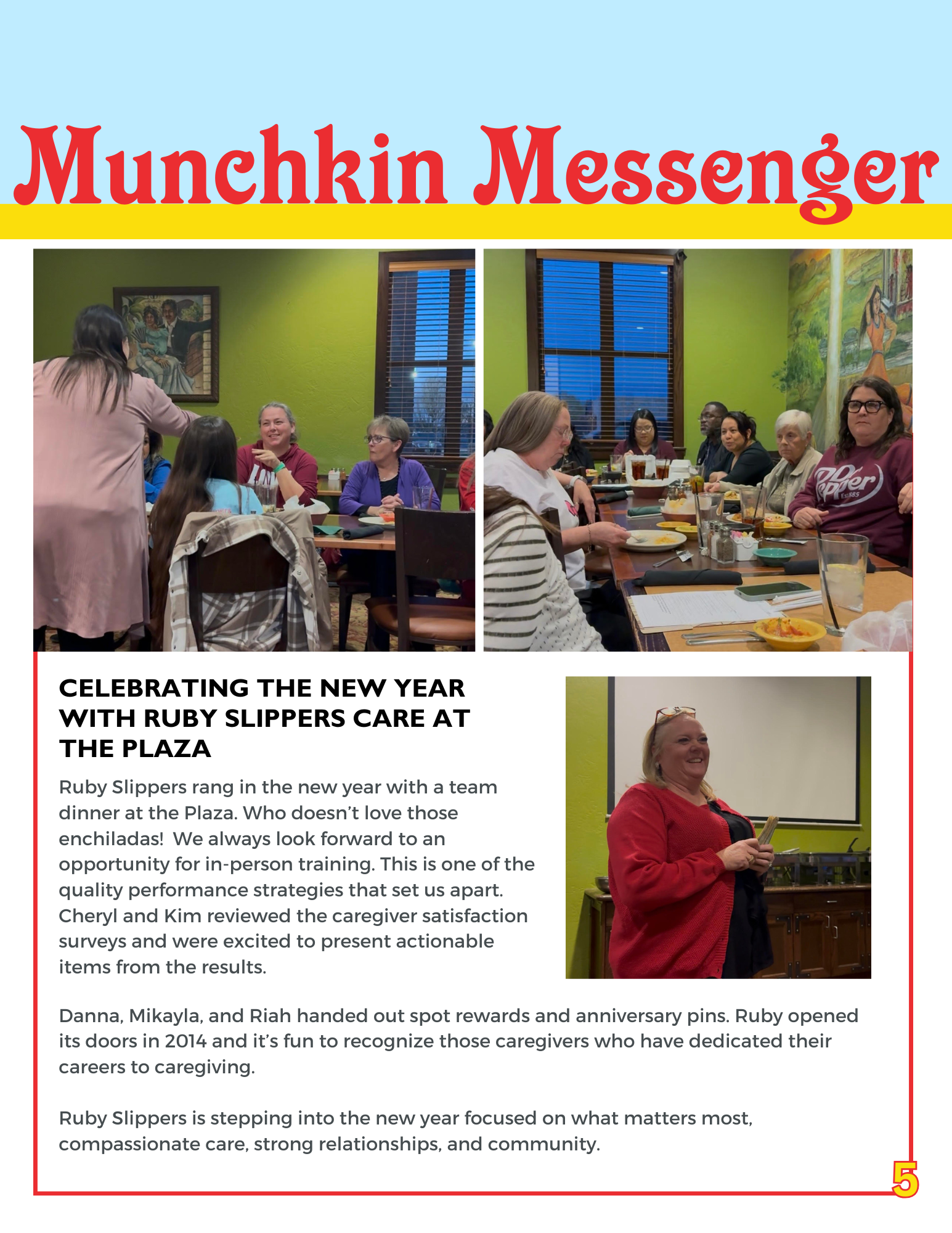 A newsletter page titled 'Munchkin Messenger' with an article about celebrating the new year with ruby slippers