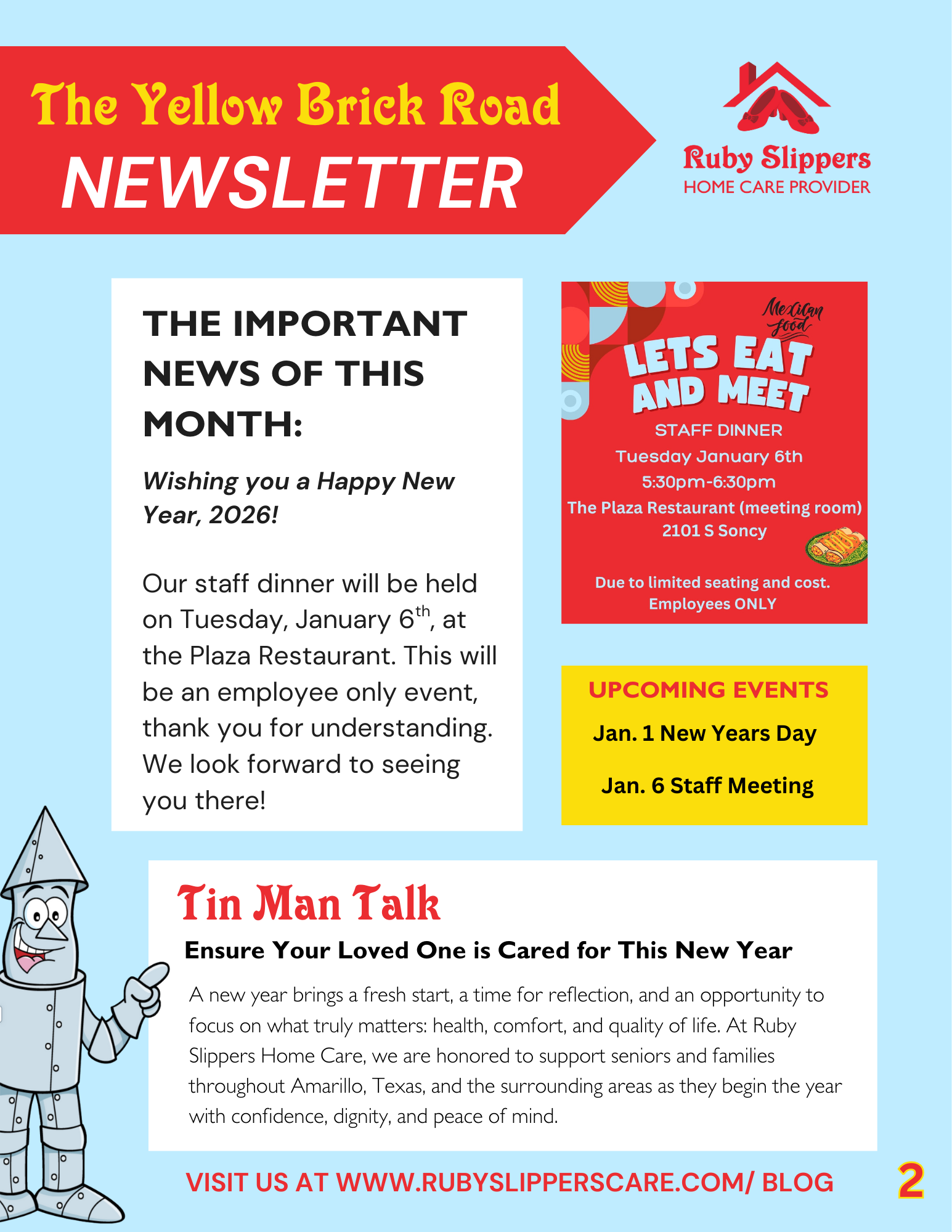 January calendar page with images of balloons and balloons forming '2025', an elderly woman at the doctor, and a person receiving a blood test. Highlights January 1st as New Year's Day, Glaucoma Awareness Month, and National Blood Donor Month, with a list of birthdays for caregivers.