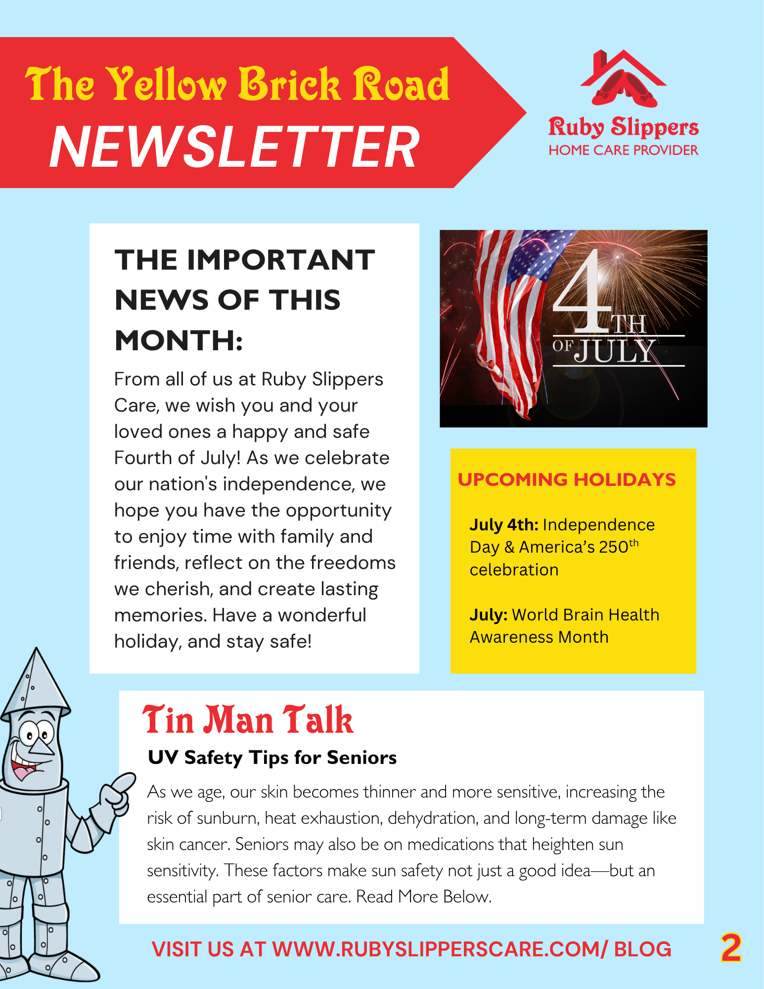 Newsletter titled 'The Yellow Brick Road' from Ruby Slippers Home Care Provider, featuring event details, a cartoon tin man, and an advertisement for Ruby Day at the ballpark with crossed baseball bats and a baseball.