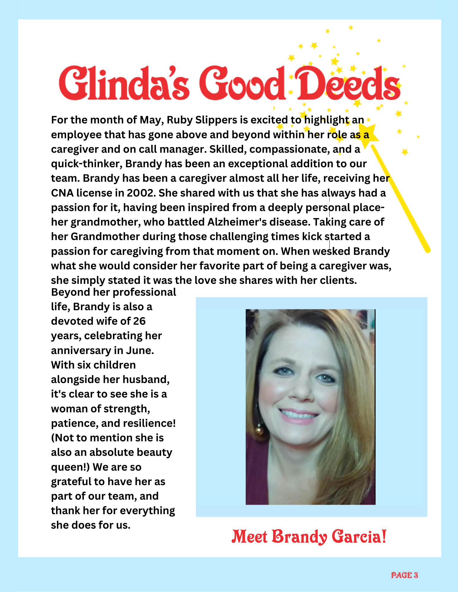 Page titled 'Glinda's Good Deeds' highlighting an employee named Brandy Garcia, with a photograph of her smiling. The page features decorative yellow stars in the top right corner and a light blue border. The text describes Brandy's role as a caregiver and call manager, her background, and her personal life, including her marriage and children. At the bottom, in red, it says 'Meet Brandy Garcia!'