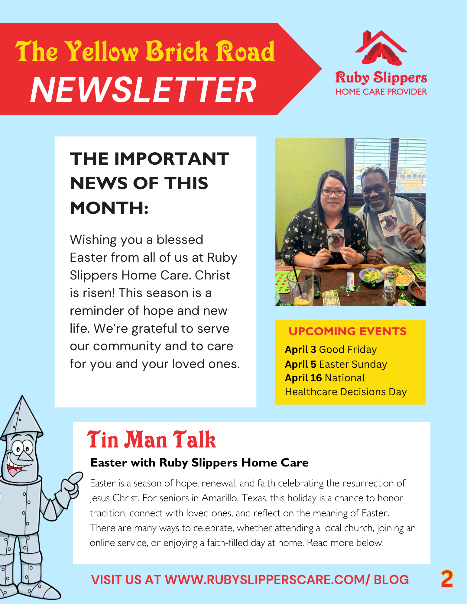 Newsletter from Ruby Slippers Home Care, titled The Yellow Brick Road, with sections on awards, upcoming Easter and Oz-themed events, and a cartoon scarecrow mascot. The newsletter features red, yellow, and blue sections, a logo with red slippers, and a sign-off with a website URL.