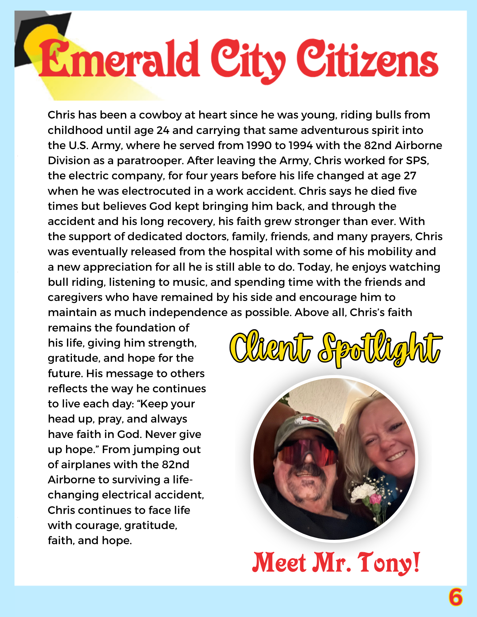 A feature page titled 'Emerald City Citizens' showcasing Ms. Yanz, a senior woman, smiling with a nasal oxygen tube, sitting in a home with her dogs visible behind her. The page includes a detailed biography highlighting her life, family, and passions, especially her love for animals and sports.
