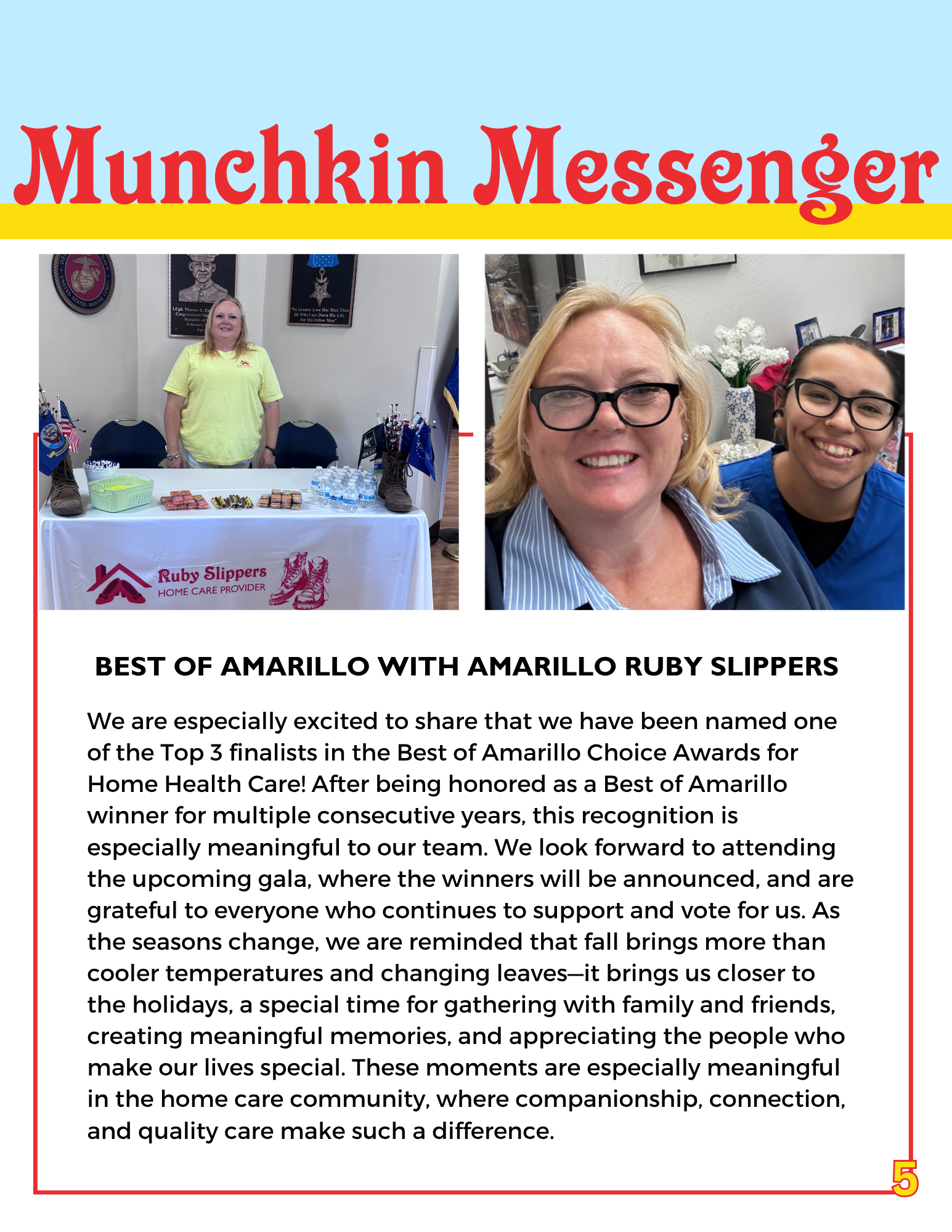 Newsletter page with a red Munchkin Messenger title, a paragraph celebrating caregivers at Ruby Slippers Home Care, and two photos of caregivers with fall wreaths and decorations.