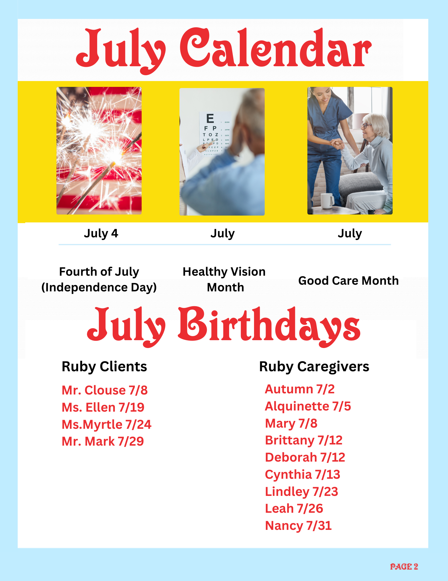 July Calendar with images of fireworks, eye exam, and nurse helping elderly woman; July birthdays list for Ruby clients and caregivers.