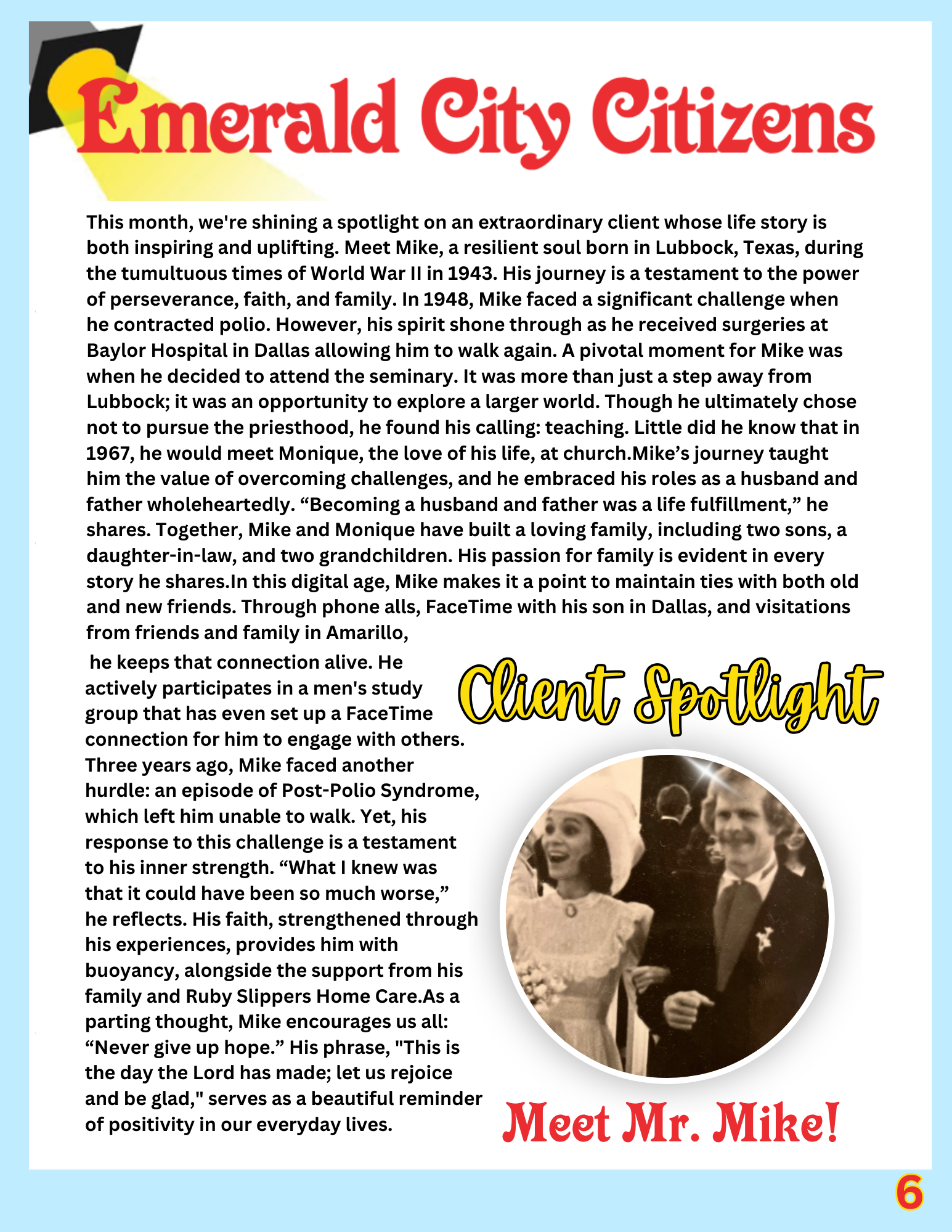 A colorful newsletter page titled 'Emerald City Citizens', featuring a biography of Mr. Wilkerson, with a photo of an elderly man smiling and sitting in a chair, labeled 'Client Spotlight'.