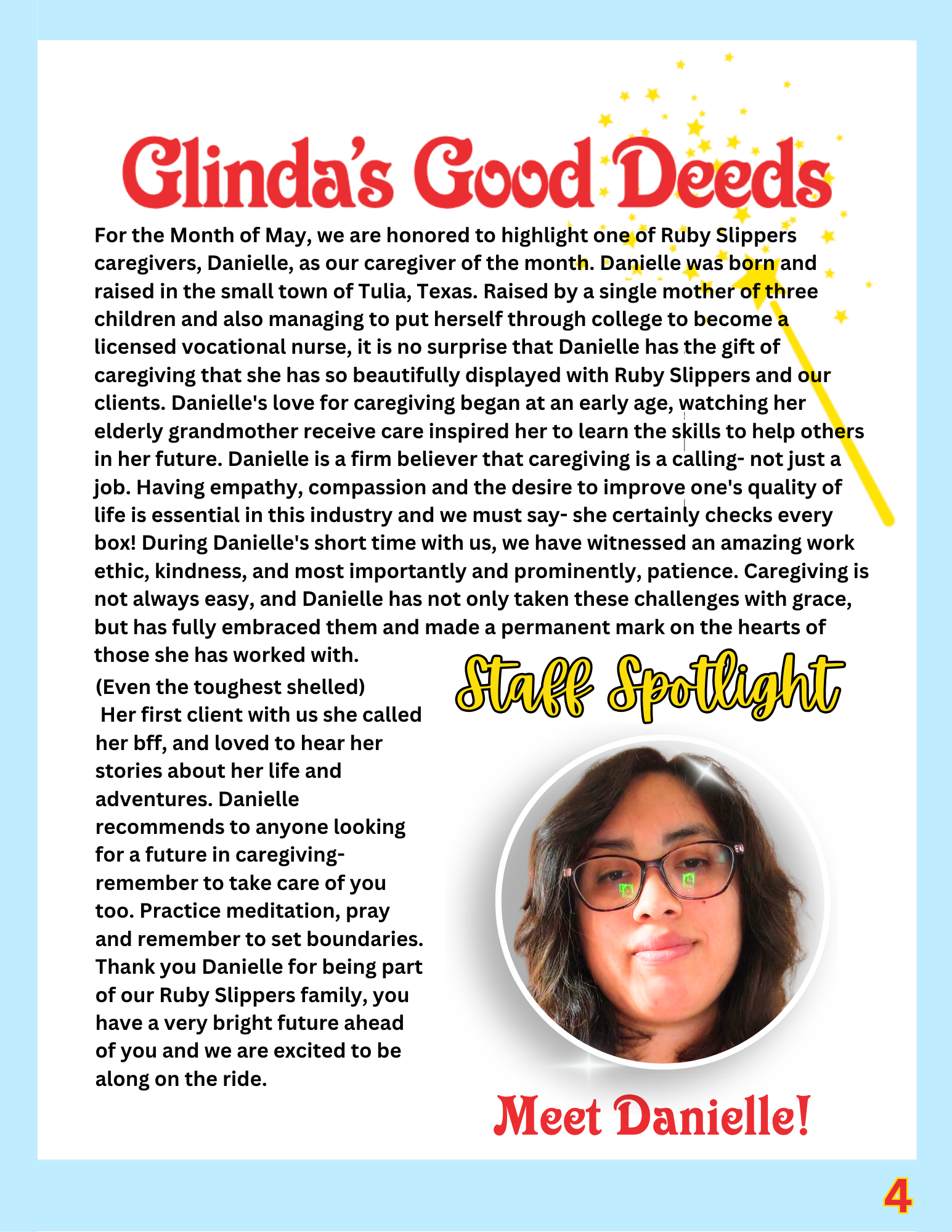 Profile of Judy with a photo, highlighted title 'Staff Spotlight', and text about her caregiving work, with decorative stars at the top right and a red 'Meet Judy!' caption at the bottom.