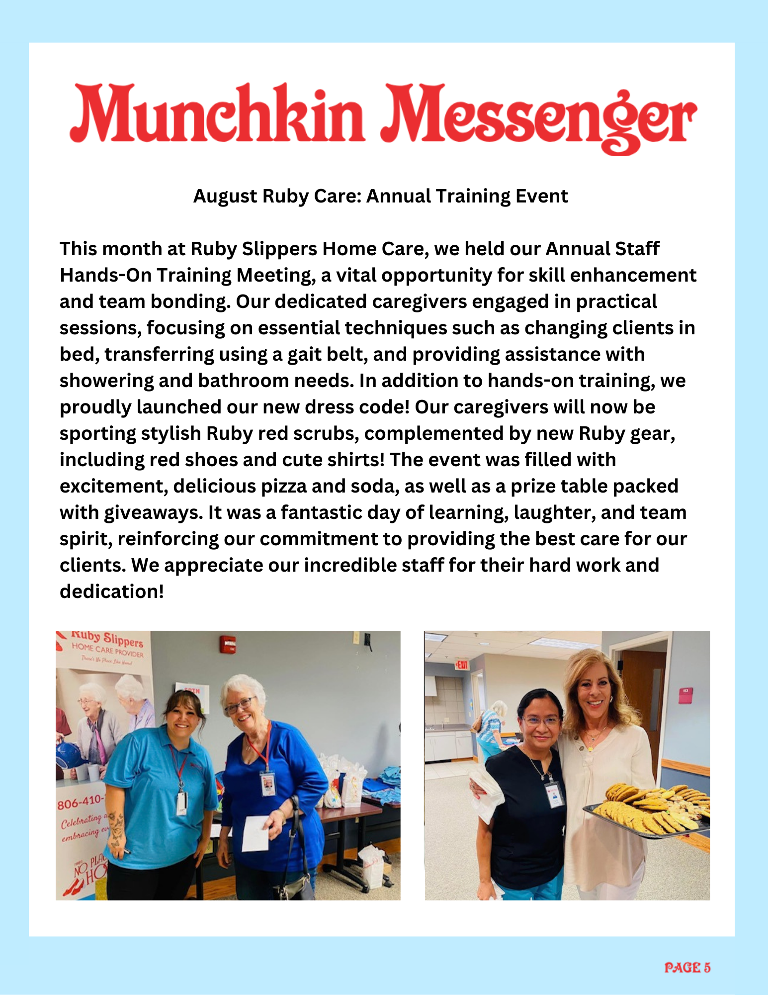 Group of caregivers at Ruby Slippers Home Care Annual Training Event, celebrating skill development with pizza and cookies.