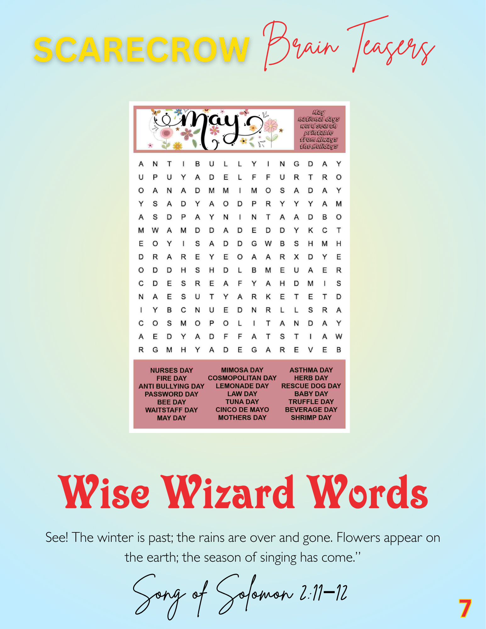 Mother's Day crossword puzzle with clues and a red and white color scheme. The background features a light blue backdrop with titles 'Scarecrow Brain Teasers' and 'Wise Wizard Words' along with a Proverbs 31:28 quote about a blessed woman.