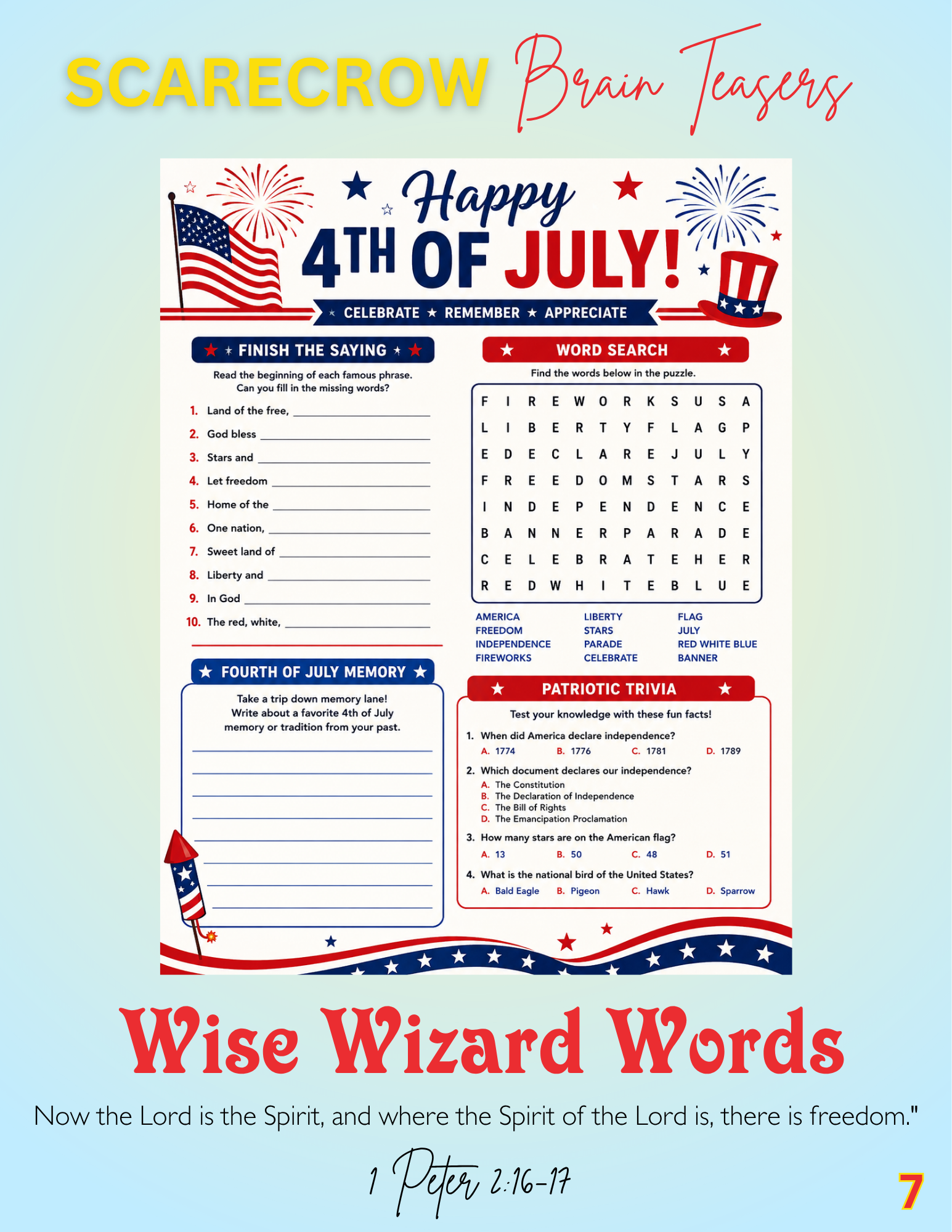 A crossword puzzle titled "Scarecrow Brain Teasers" featuring a puzzle related to summer scenes, with a red house logo and the words "Ruby Slippers Home Care Provider." The puzzle includes clues for words like BEACH, BIKE, CAMPING, and SWIM, and references a Bible verse, Psalm 139:14.