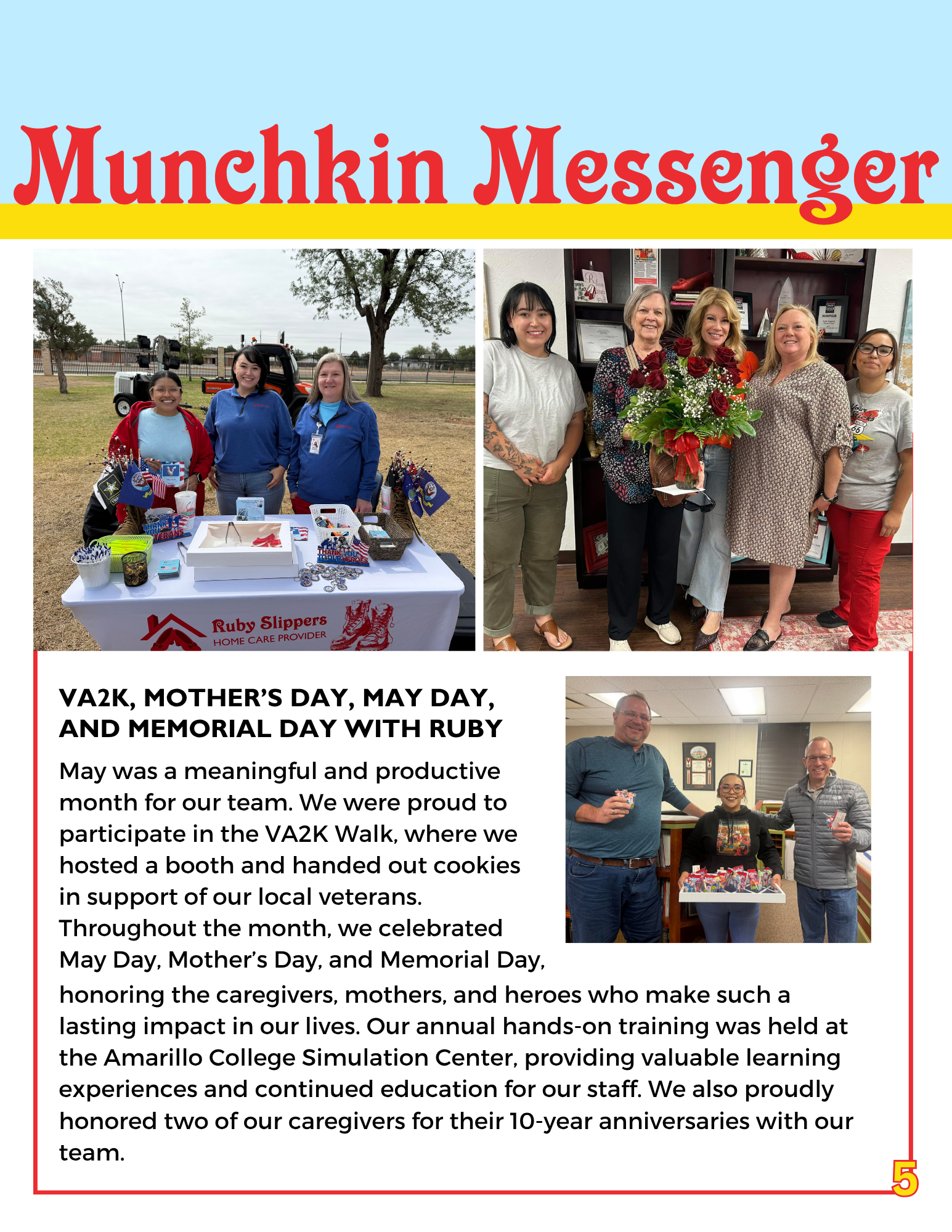 Brightly colored newsletter featuring staff spotlight of DeeDee Rios, with a photo of her smiling, decorative stars, and text highlighting her caregiving work and personal hobbies.