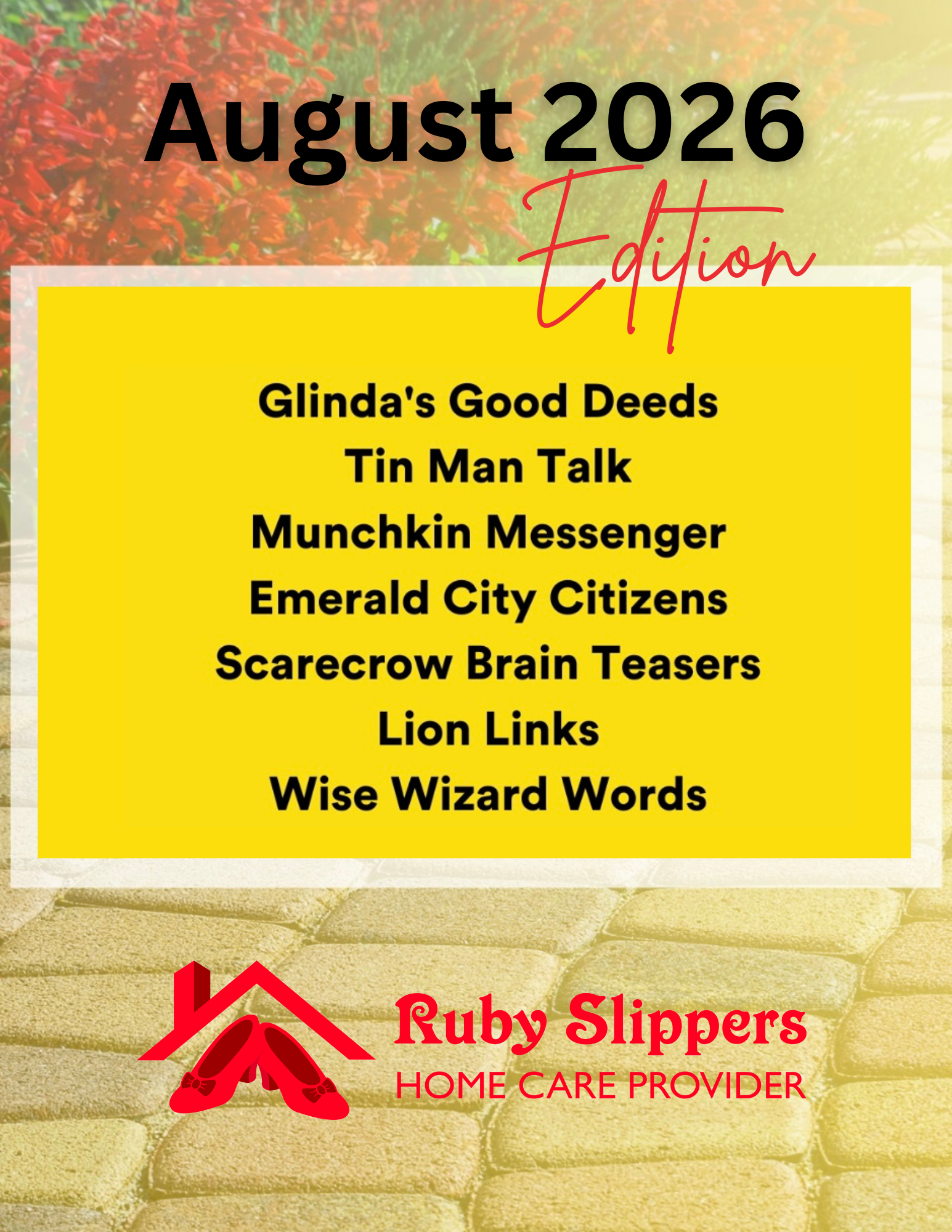 'The Yellow Brick Road'. The background features a yellow brick road scene with bushes and sunlight, and a yellow box with black text listing items such as Glinda's Good Deeds, Tin Man Talk, Munchkin Messenger, Emerald City Citizens, Scarecrow Brain Teasers, Lion Links, and Wise Wizard Words.