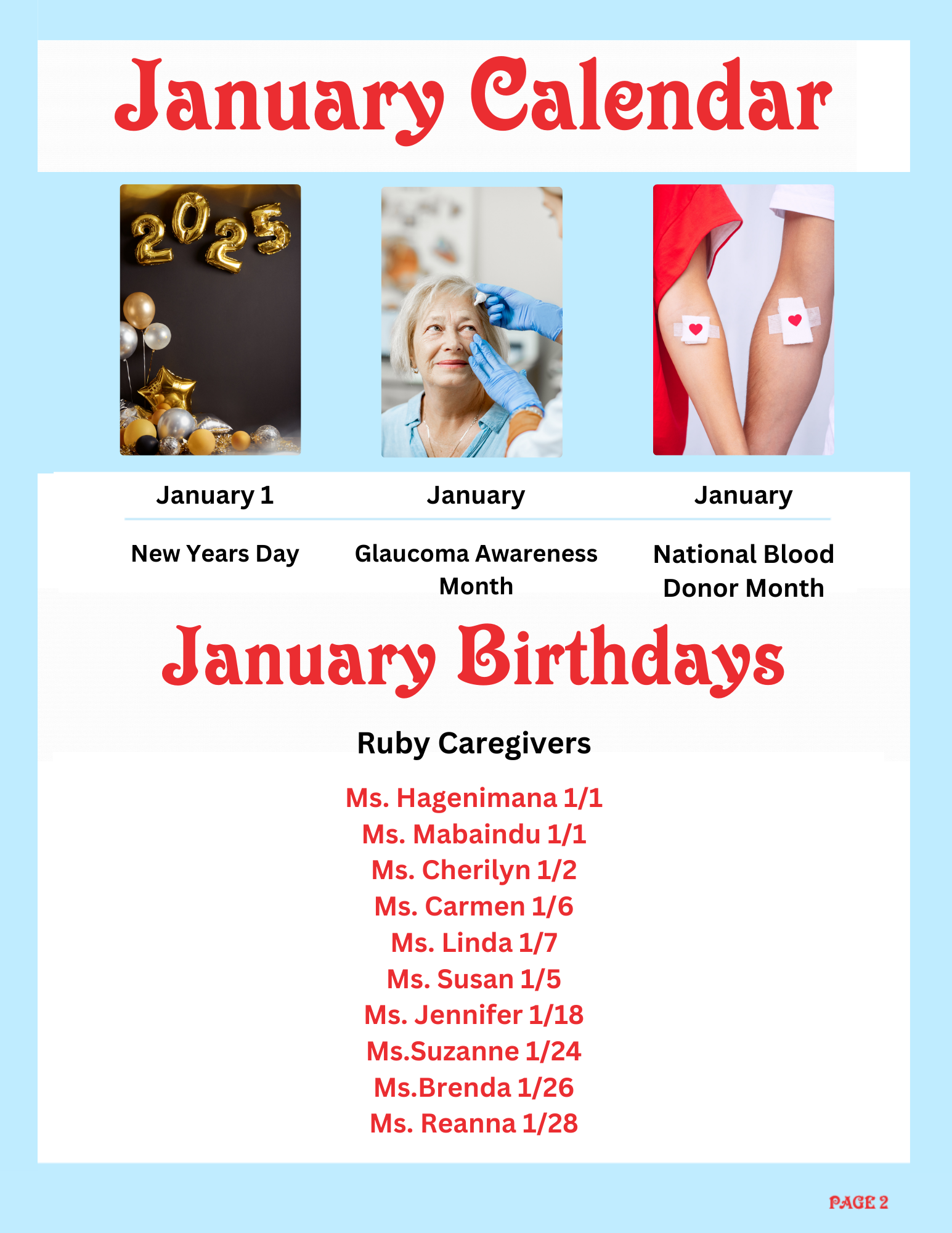 January calendar page with images of balloons and balloons forming '2025', an elderly woman at the doctor, and a person receiving a blood test. Highlights January 1st as New Year's Day, Glaucoma Awareness Month, and National Blood Donor Month, with a list of birthdays for caregivers.