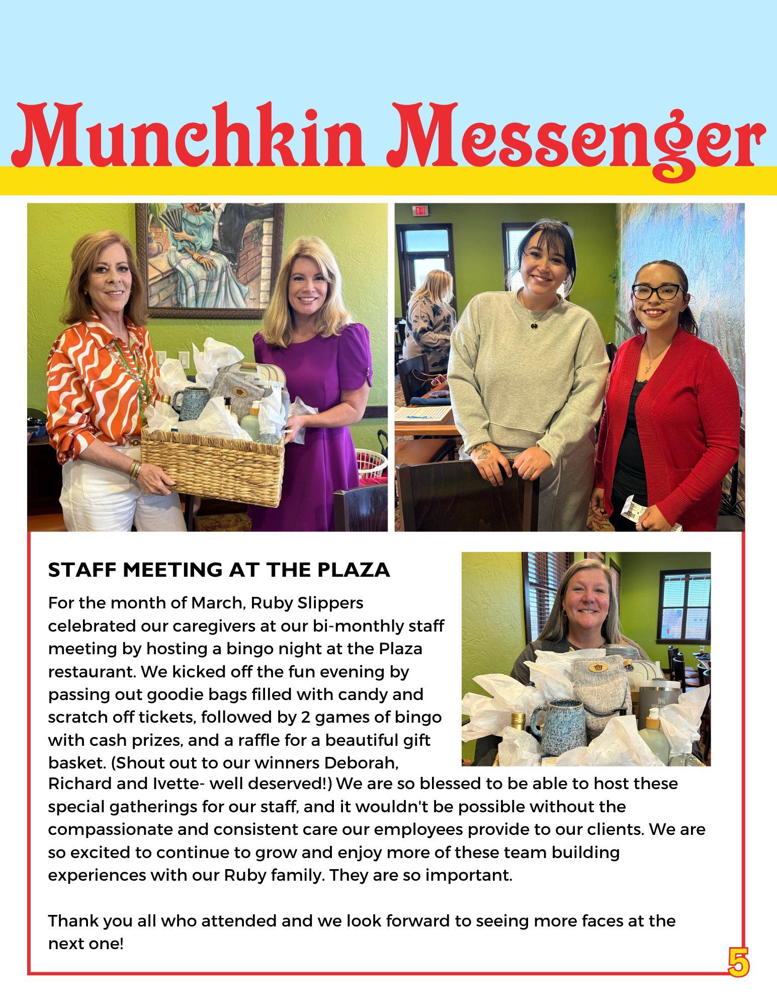 A newsletter page celebrating St. Patrick's Day and Social Work Month, featuring a photo of three people at a table and an additional photo of a woman holding care baskets outdoors.