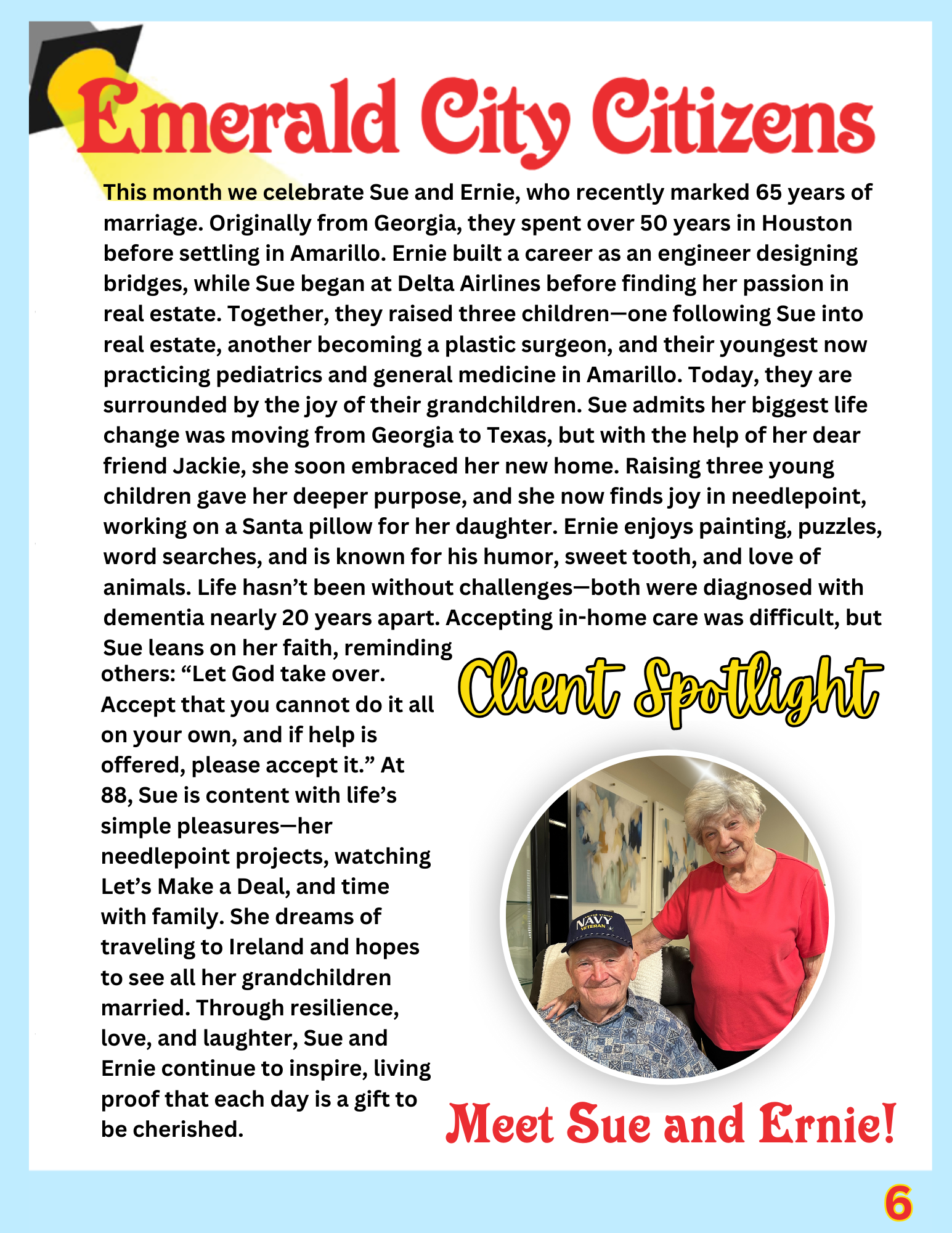 A newsletter feature honoring Mr. Harrison as an Emerald City Citizen, with a photo of him holding a baseball, seated in a recliner, and dressed casually. The page includes a detailed biography of his life, achievements, and hobbies.