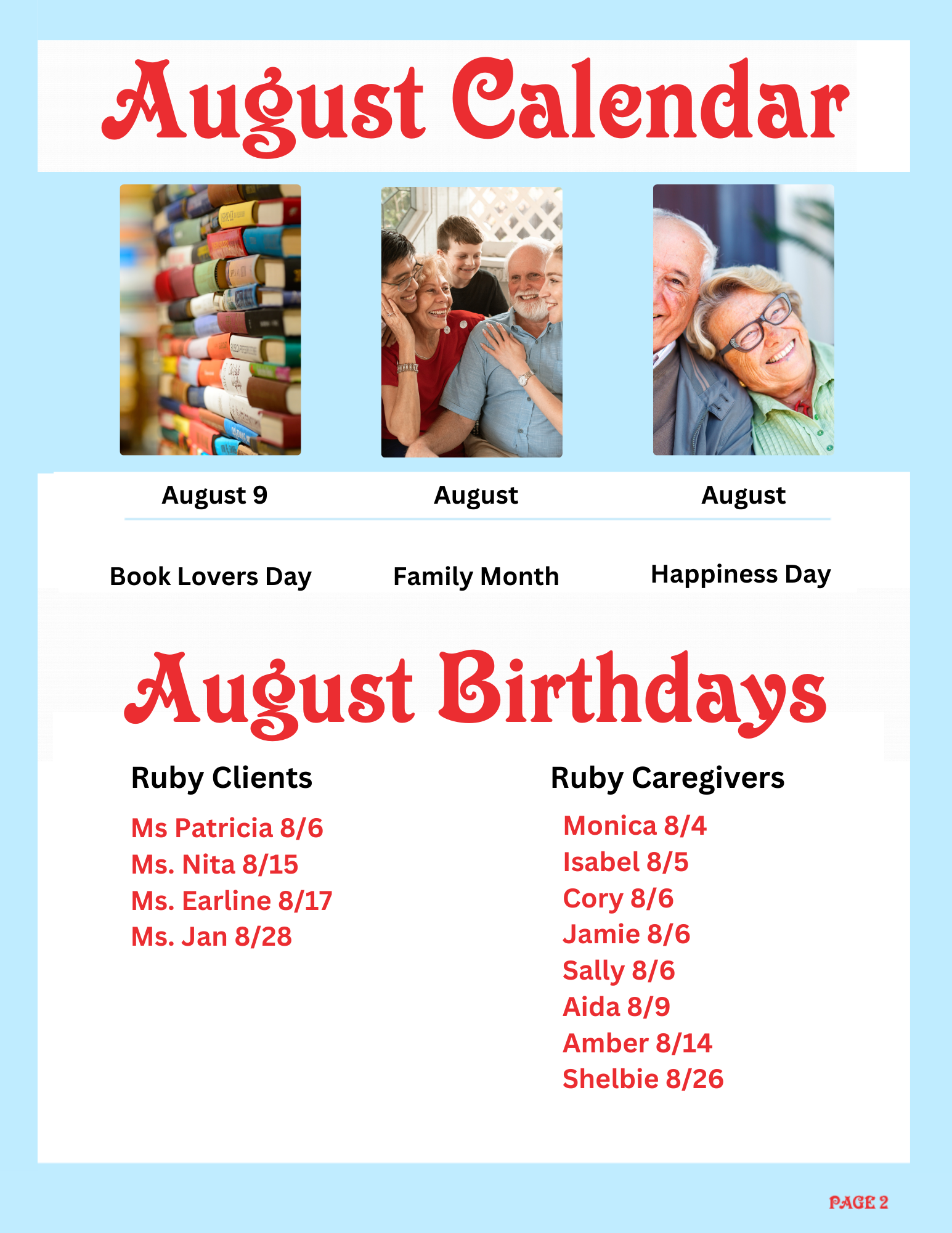 August calendar with images of books, family, and elderly couple, listing holidays and birthdays for August.