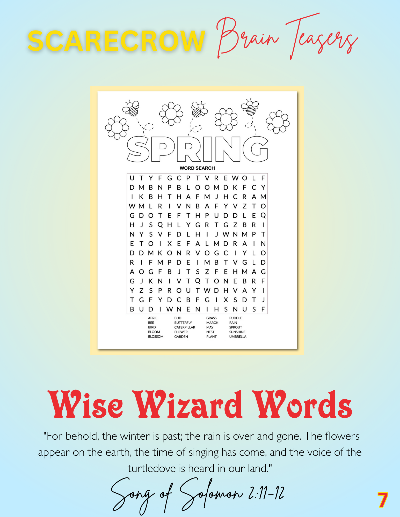 Educational worksheet titled 'Scarecrow Brain Teasers' with true or false questions about spring, flowers, and daylight saving time, and a section titled 'Wise Wizard Words' featuring a Bible verse from Isaiah 61:11.