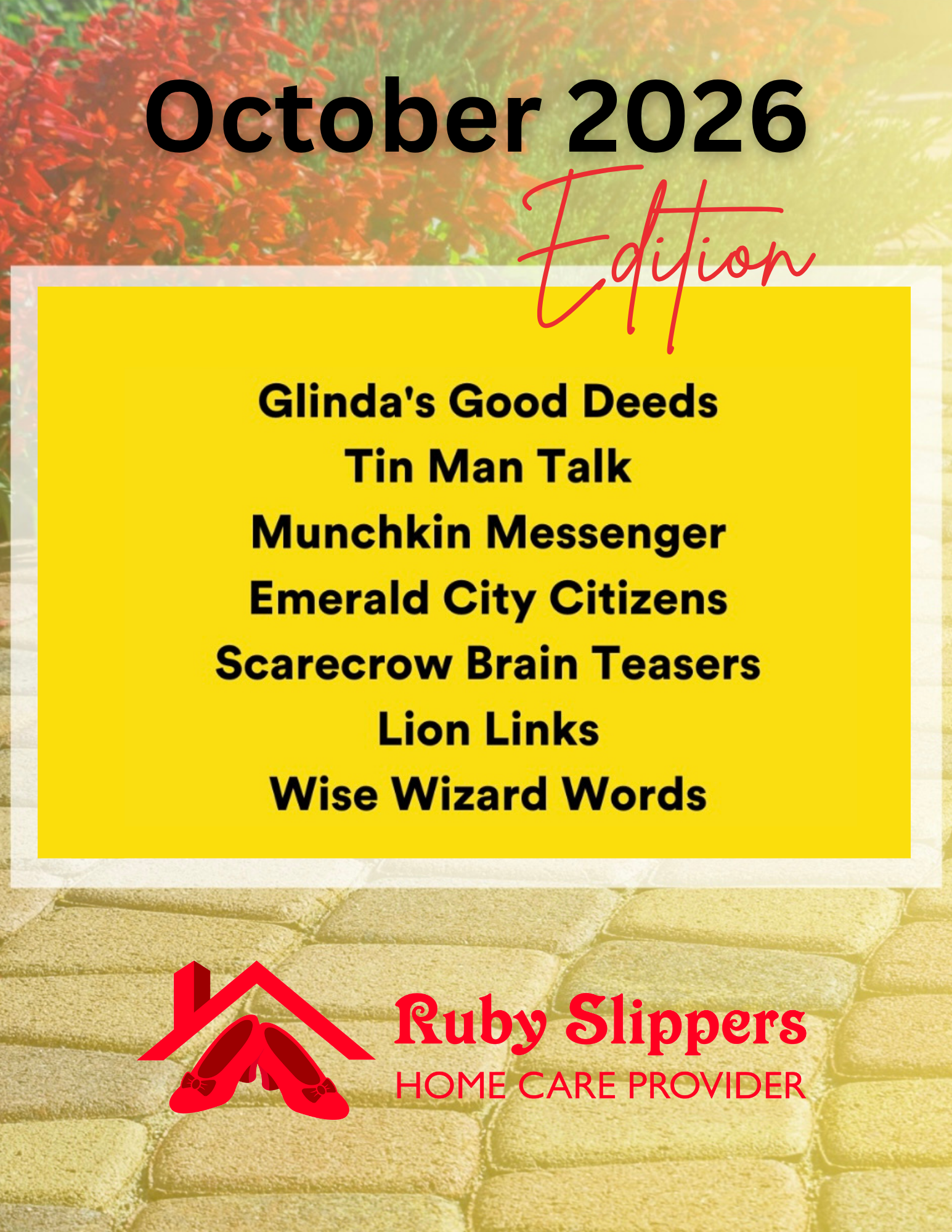 Cover of a book titled 'The Yellow Brick Road' with a background of a yellow brick path, red flowers, and a bright yellow square with black text listing humorous chapter titles.