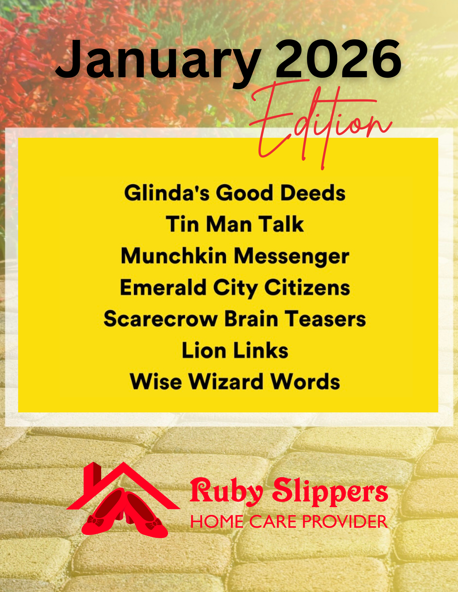 Book cover titled "The Yellow Brick Road" with a list of chapters and a background image of a yellow brick path with bushes and sunlight.