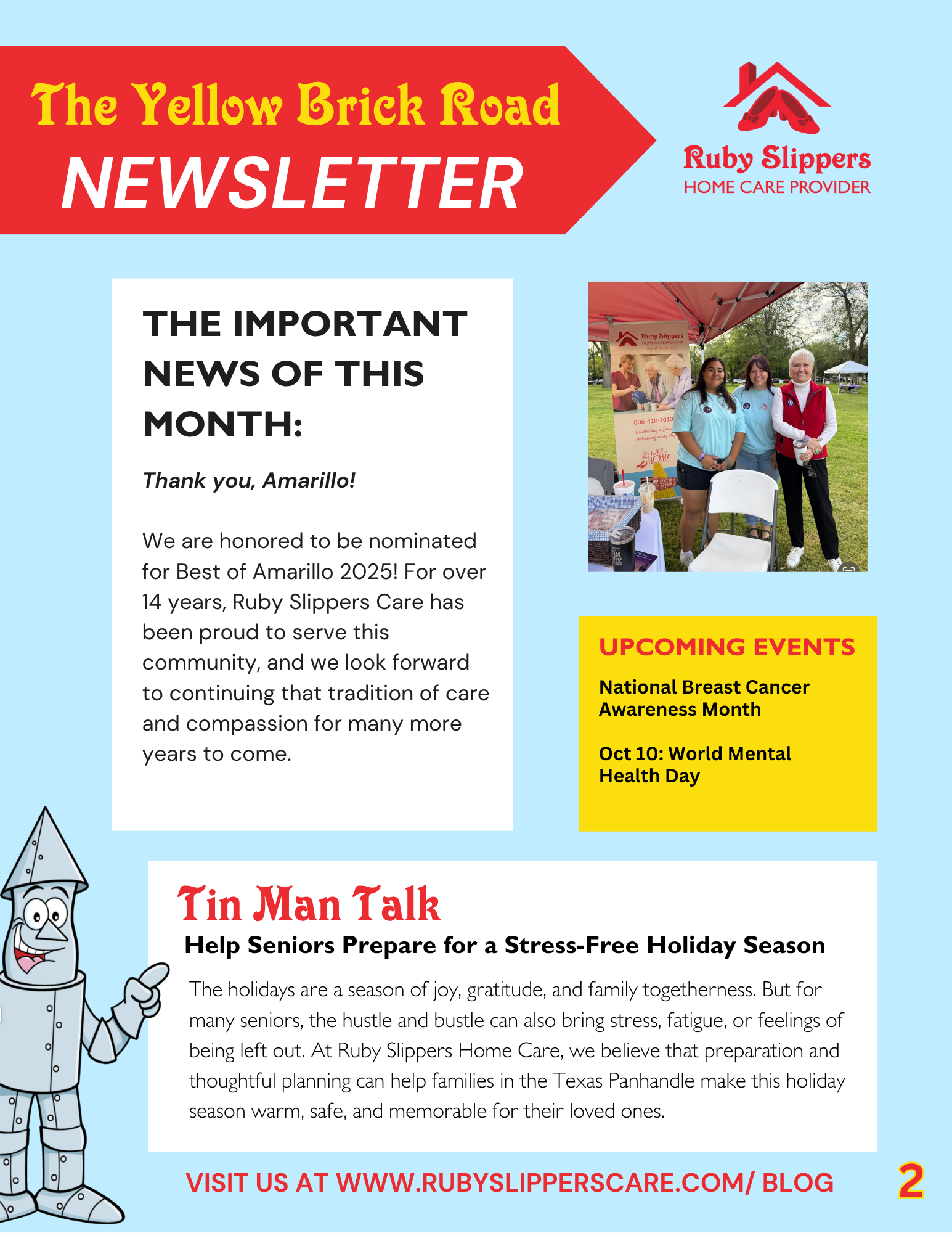 A calendar page titled 'October Calendar' featuring upcoming awareness weeks and October birthdays for Ruby clients and caregivers, with images of people holding hands, a pink ribbon, and elderly hands.