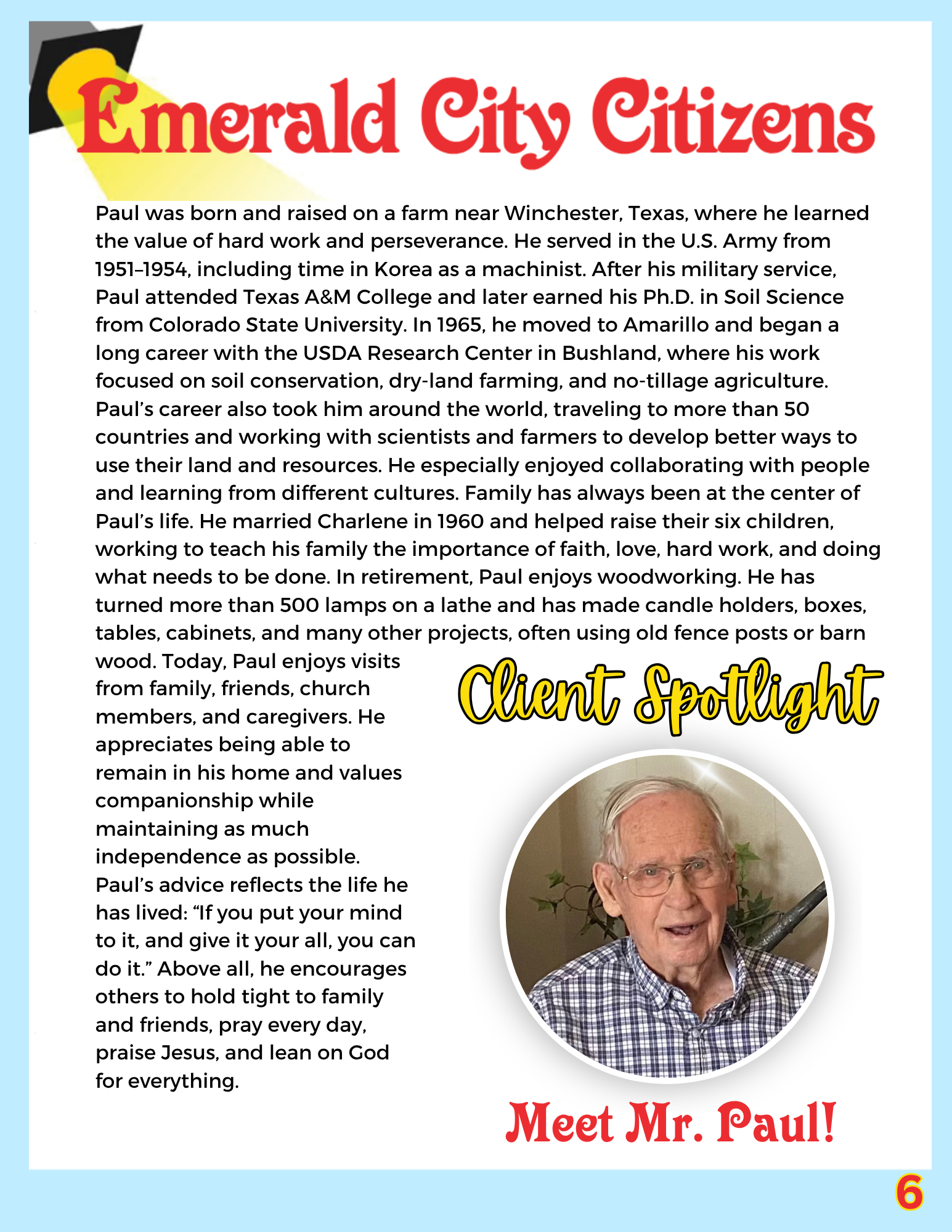 A newsletter feature honoring Mr. Harrison as an Emerald City Citizen, with a photo of him holding a baseball, seated in a recliner, and dressed casually. The page includes a detailed biography of his life, achievements, and hobbies.