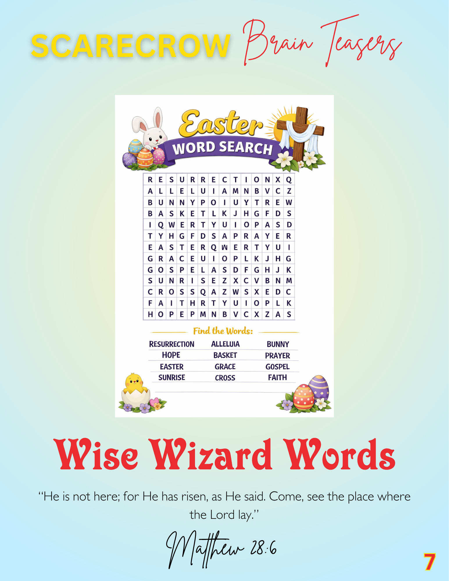 Easter-themed brain teasers with a light blue background and two cartoon chicks holding Easter eggs, featuring a list of playful choices such as chocolate or jelly beans, tulips or daffodils, and pink or purple.