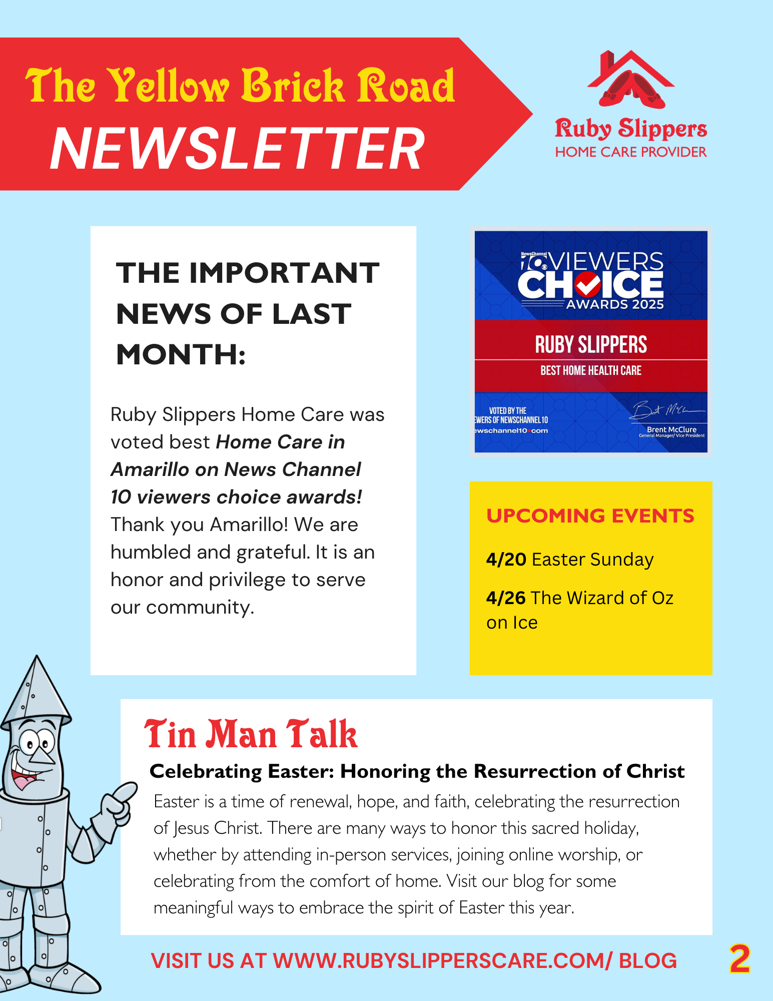 Newsletter from Ruby Slippers Home Care, titled The Yellow Brick Road, with sections on awards, upcoming Easter and Oz-themed events, and a cartoon scarecrow mascot. The newsletter features red, yellow, and blue sections, a logo with red slippers, and a sign-off with a website URL.
