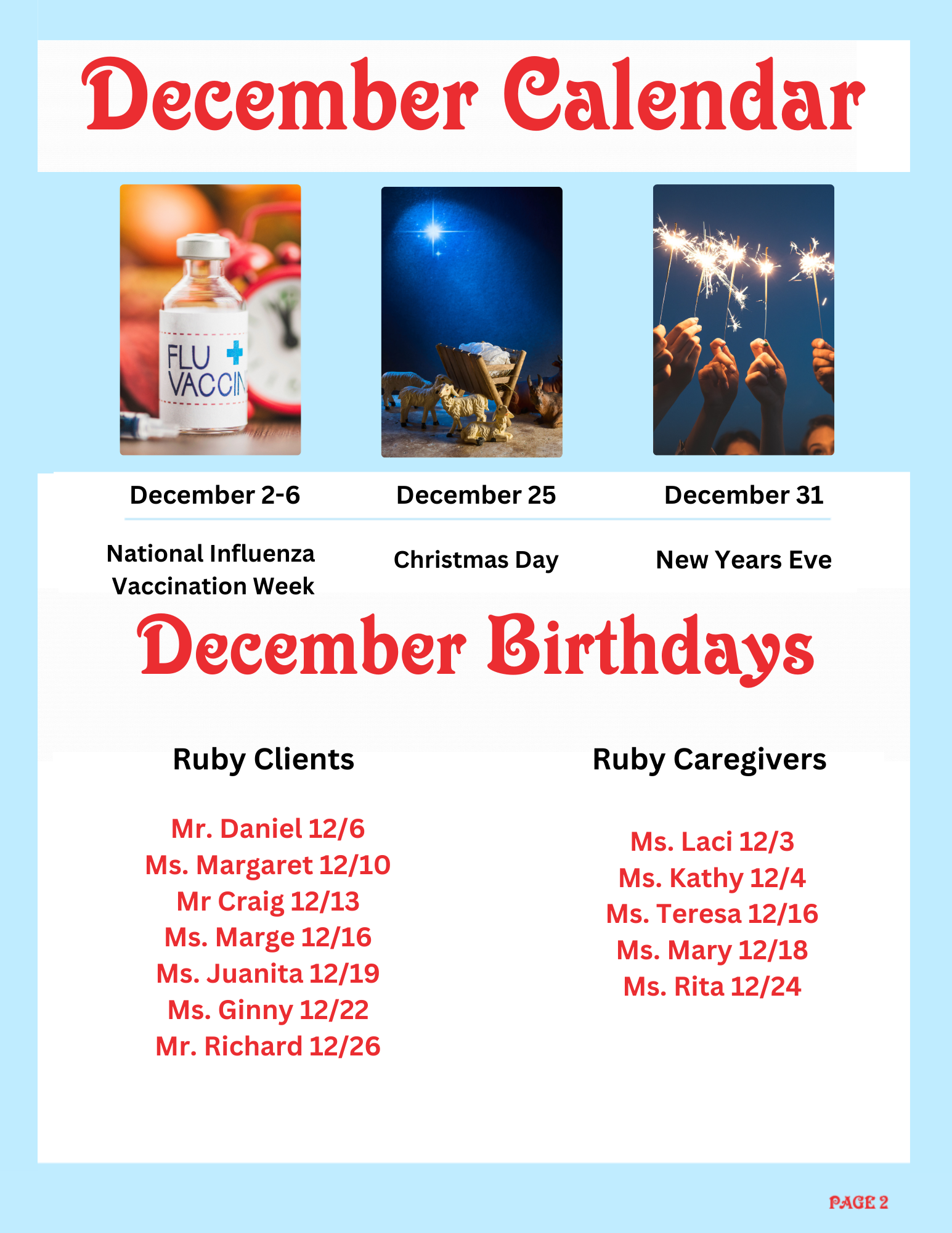 December calendar with images of flu vaccine, nativity scene, and sparklers; lists of December events, birthdays, and special observances.